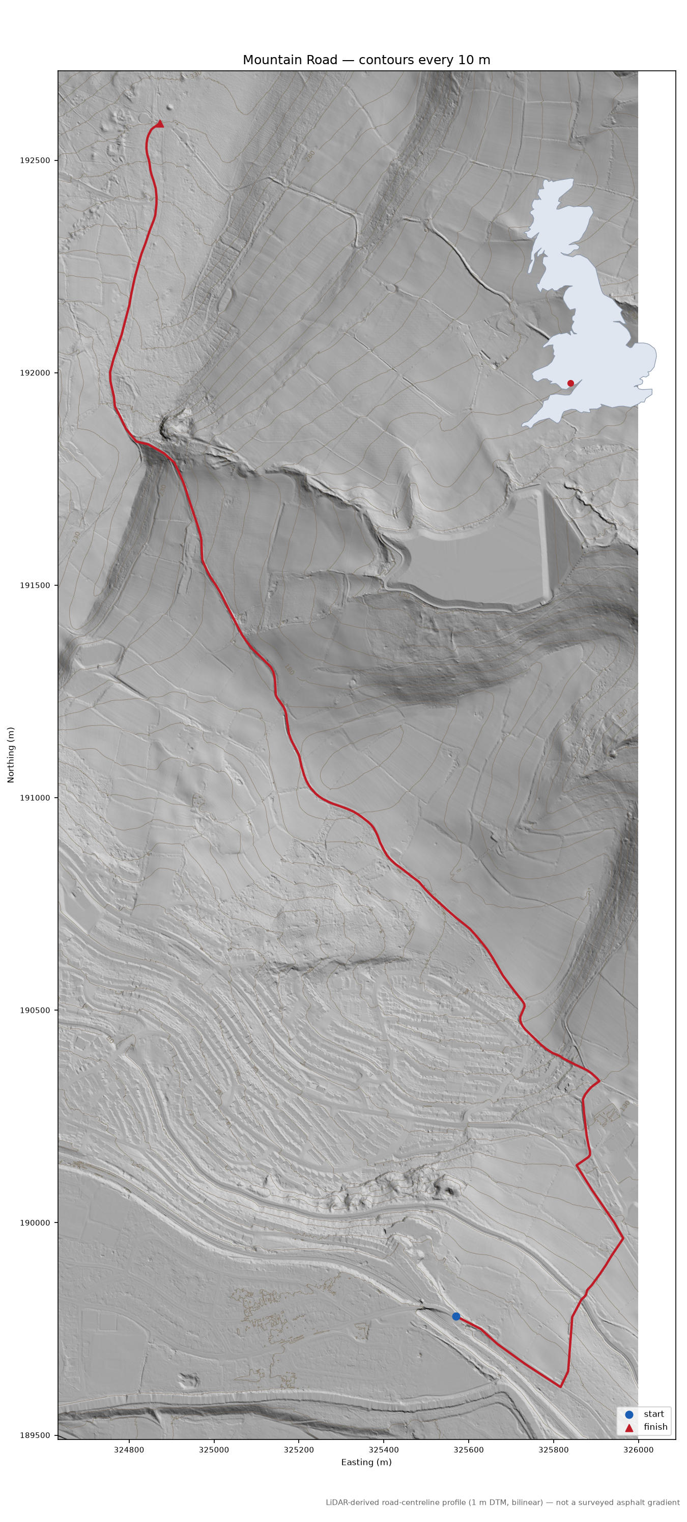 Mountain Road LiDAR hillshade map with contours
