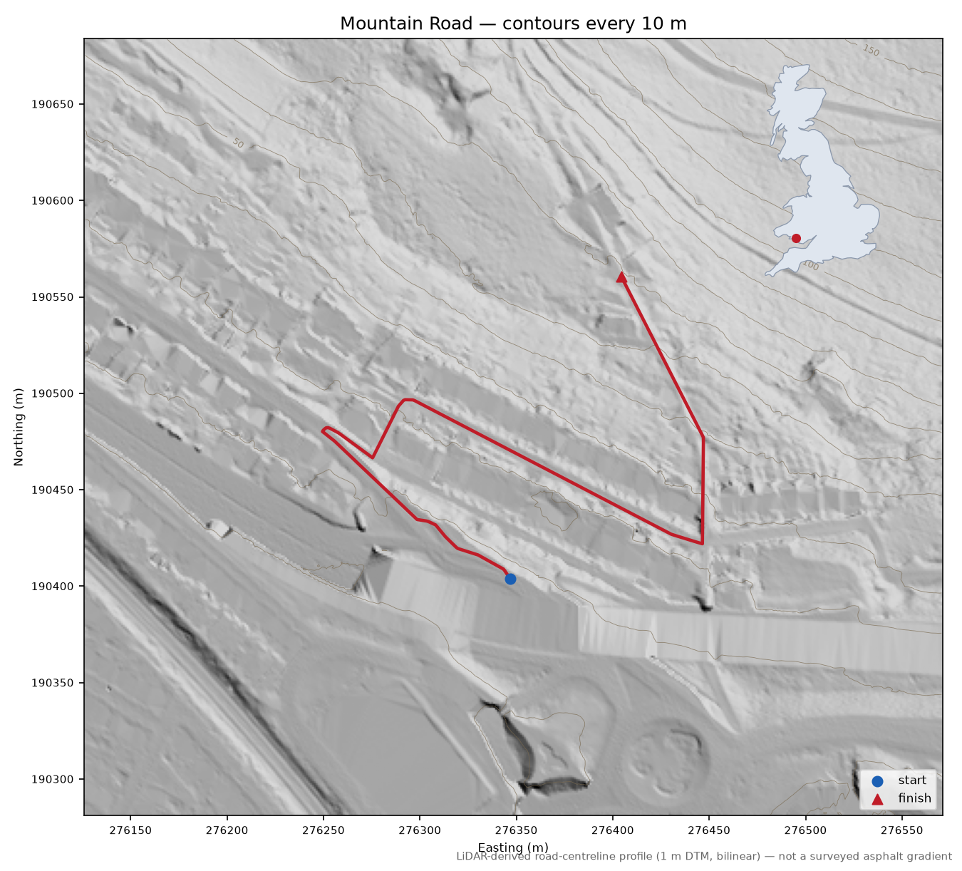 Mountain Road LiDAR hillshade map with contours