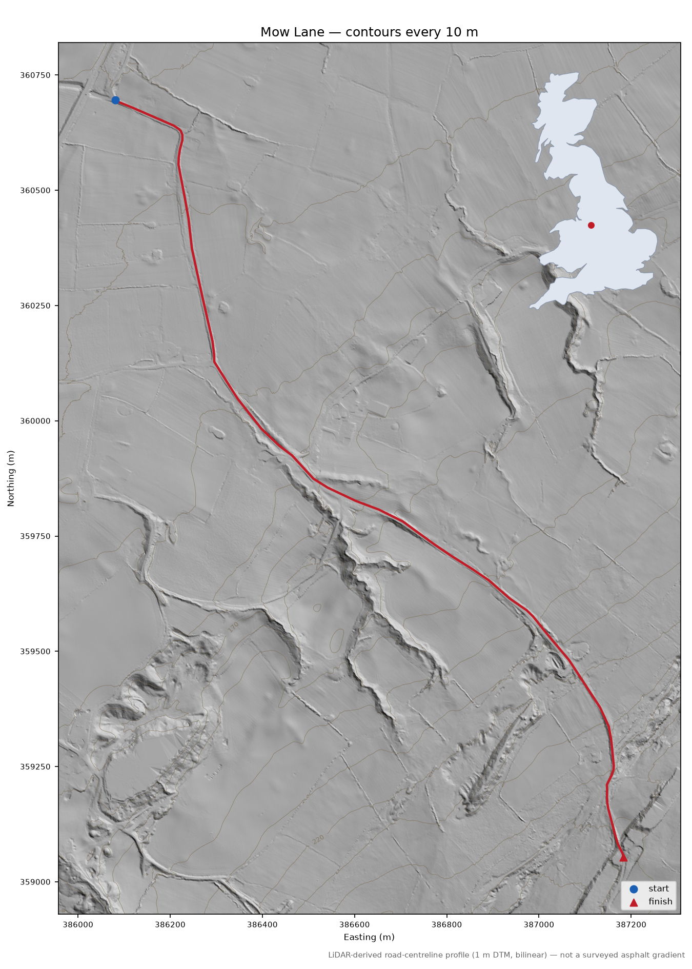 Mow Lane LiDAR hillshade map with contours