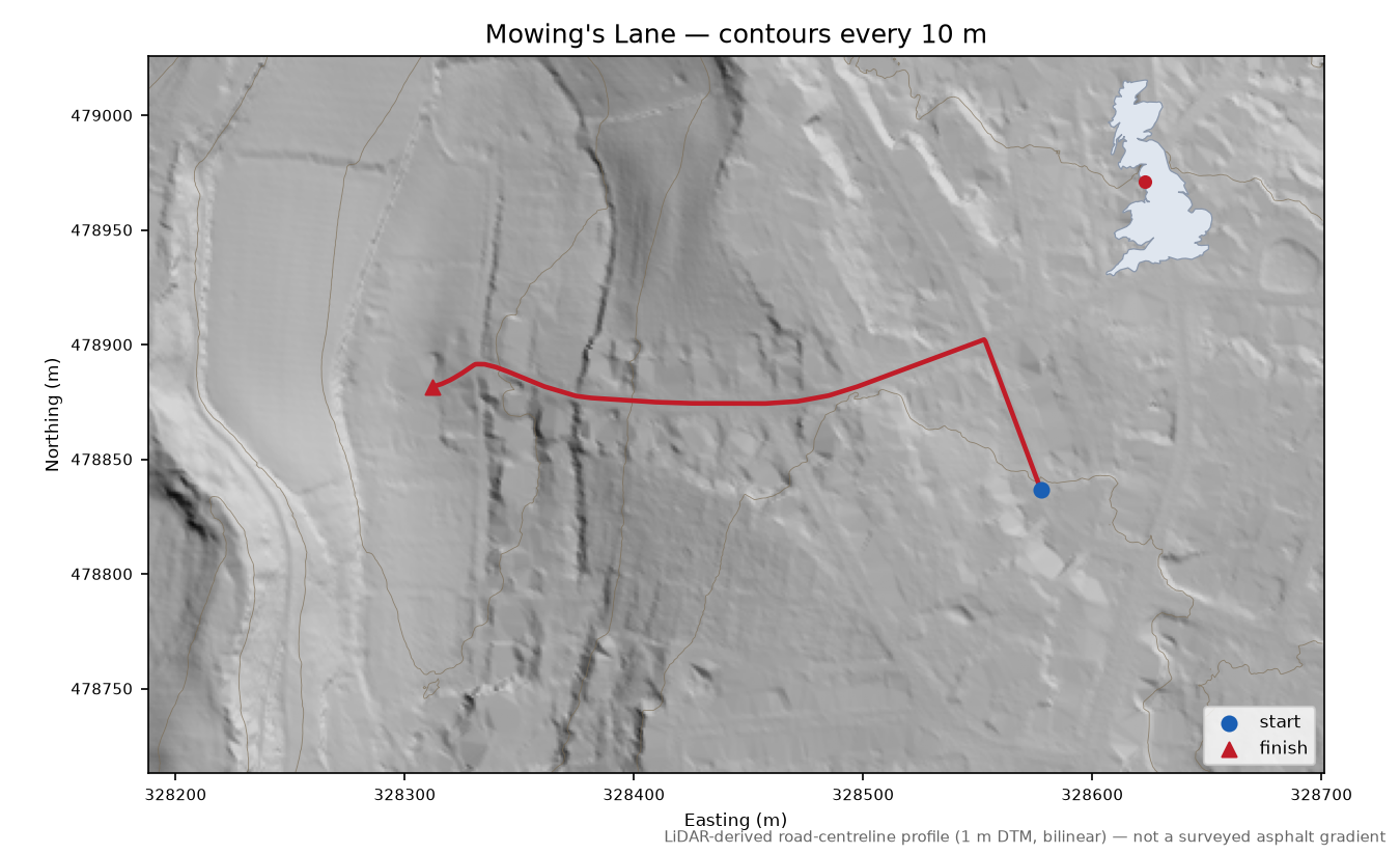 Mowing's Lane LiDAR hillshade map with contours