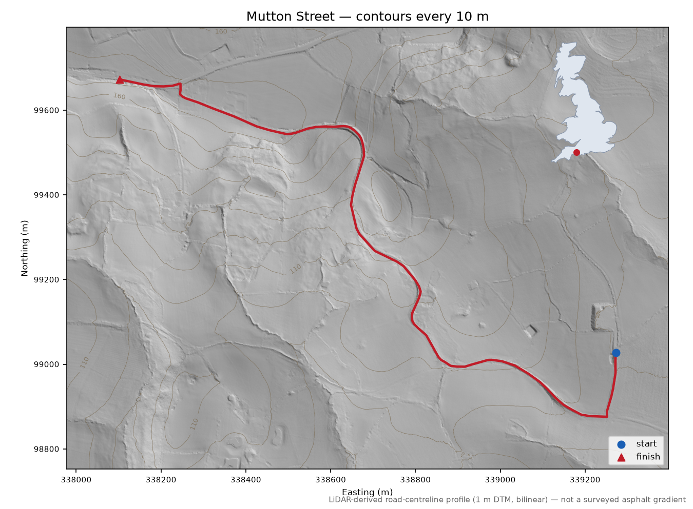 Mutton Street LiDAR hillshade map with contours