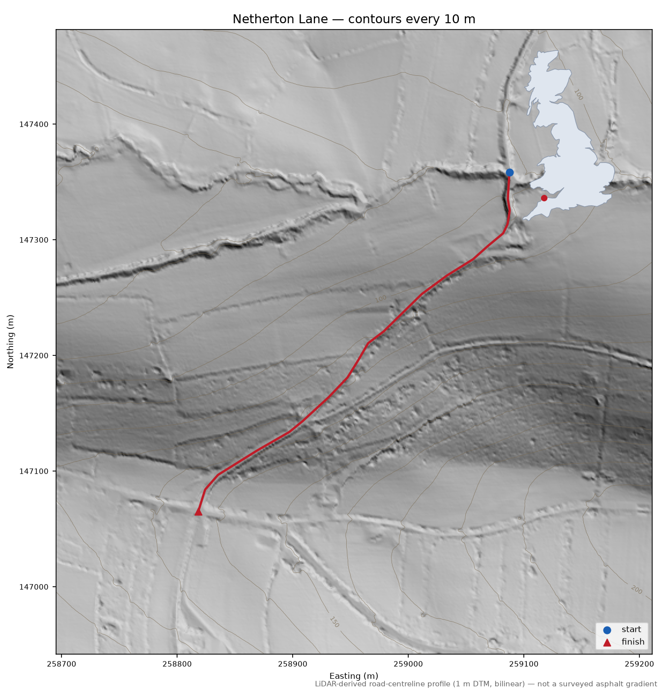 Netherton Lane LiDAR hillshade map with contours