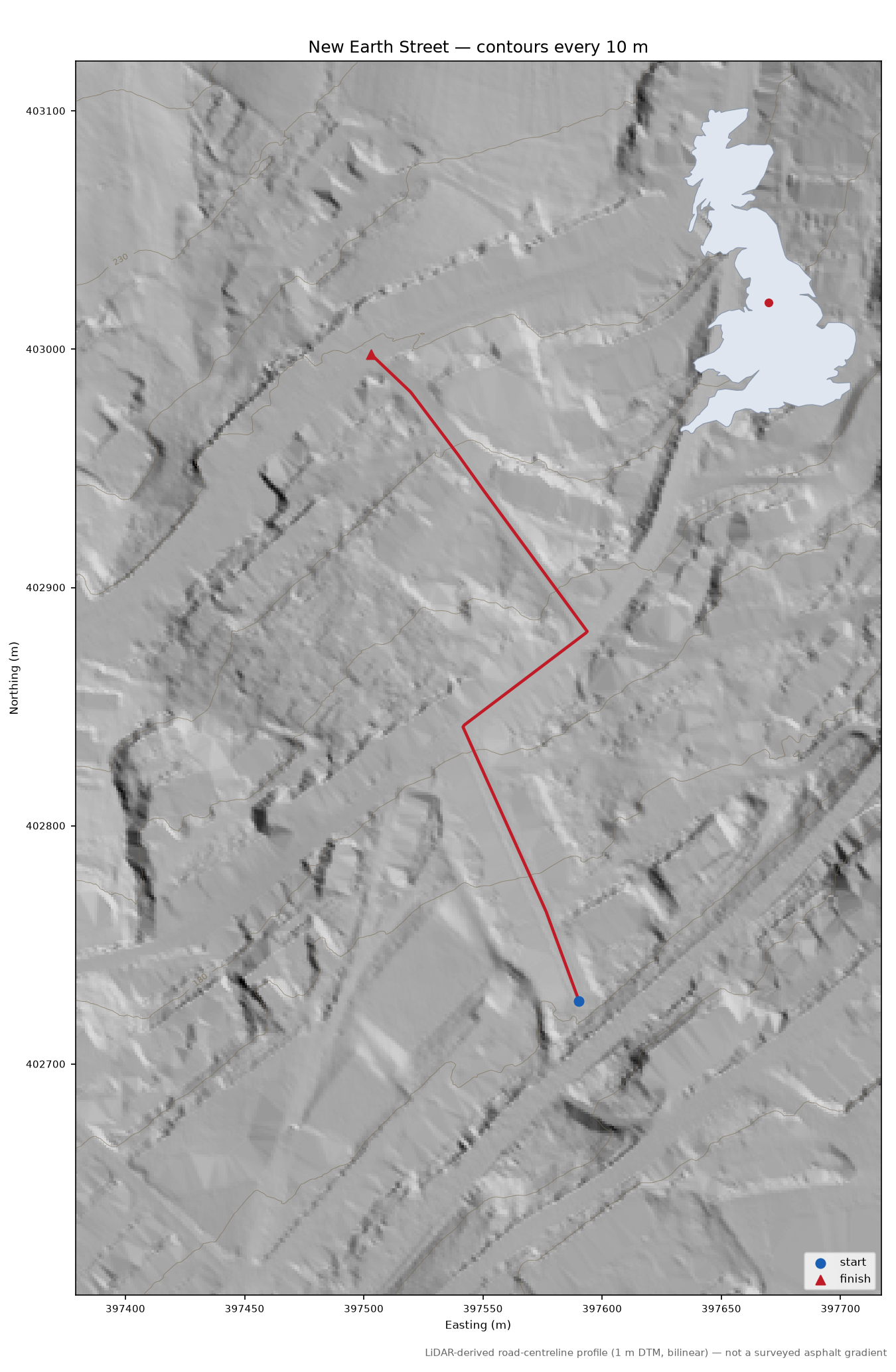 New Earth Street LiDAR hillshade map with contours