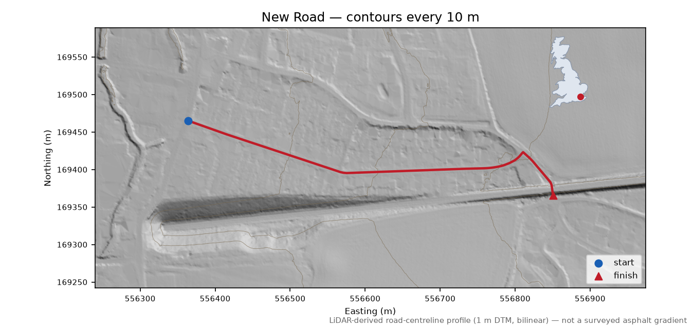 New Road LiDAR hillshade map with contours