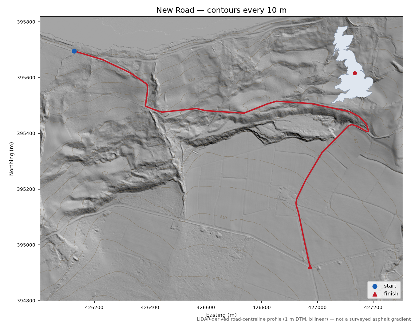 New Road LiDAR hillshade map with contours