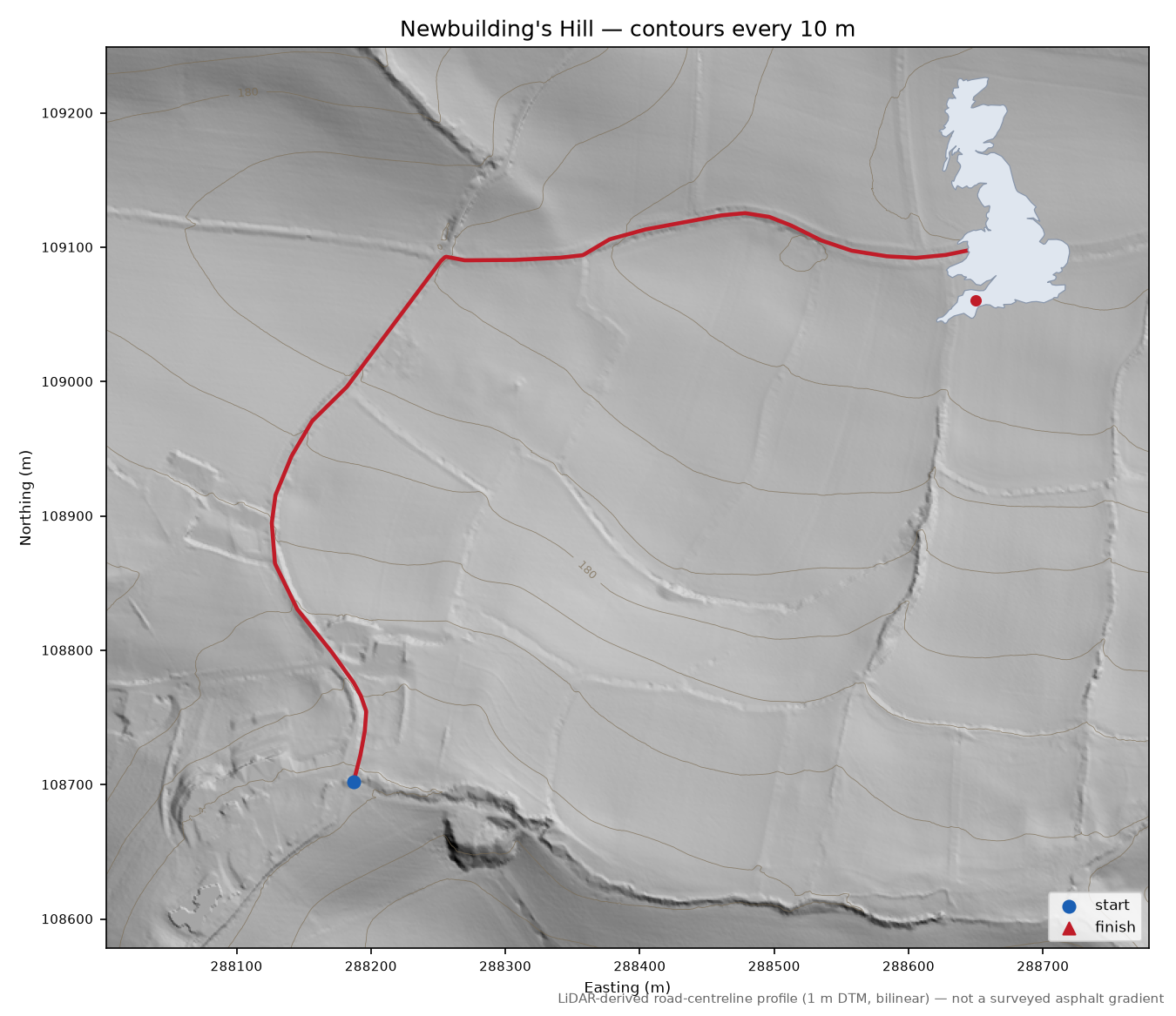 Newbuilding's Hill LiDAR hillshade map with contours