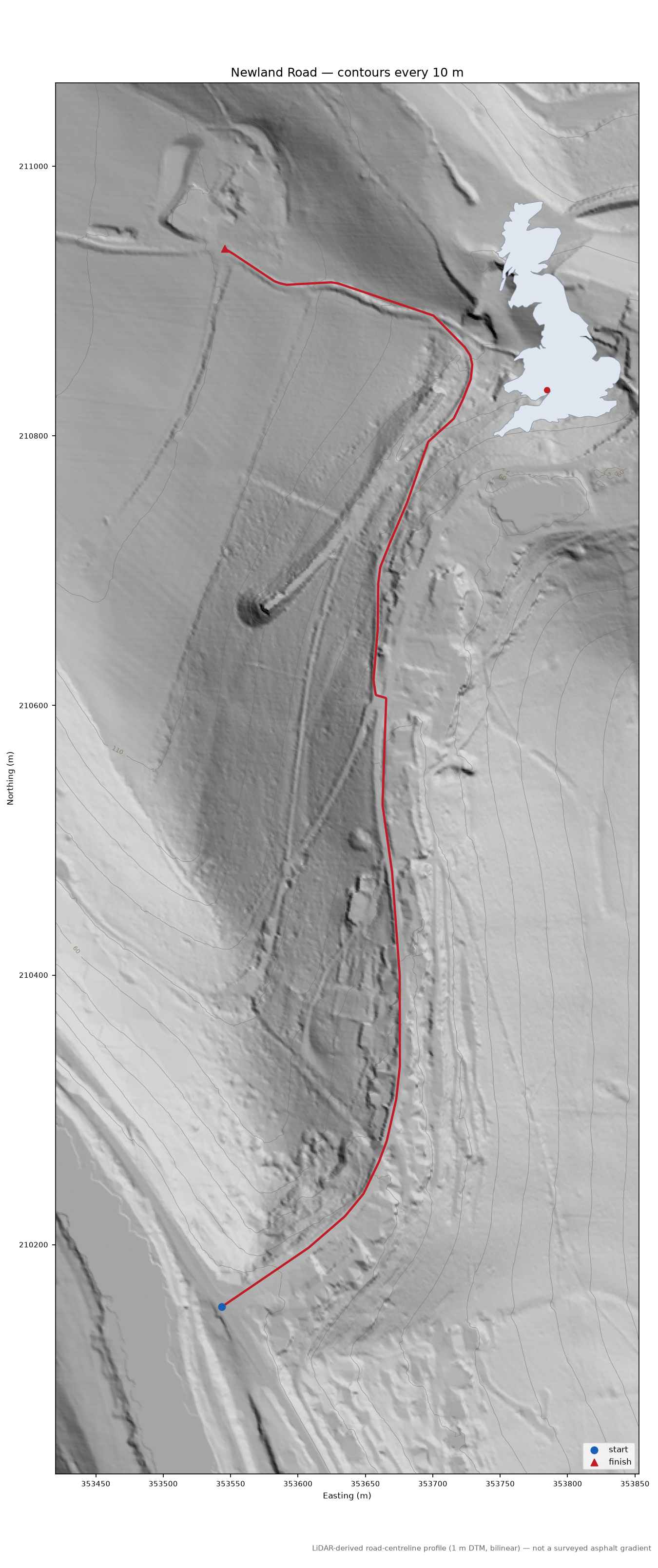 Newland Road LiDAR hillshade map with contours