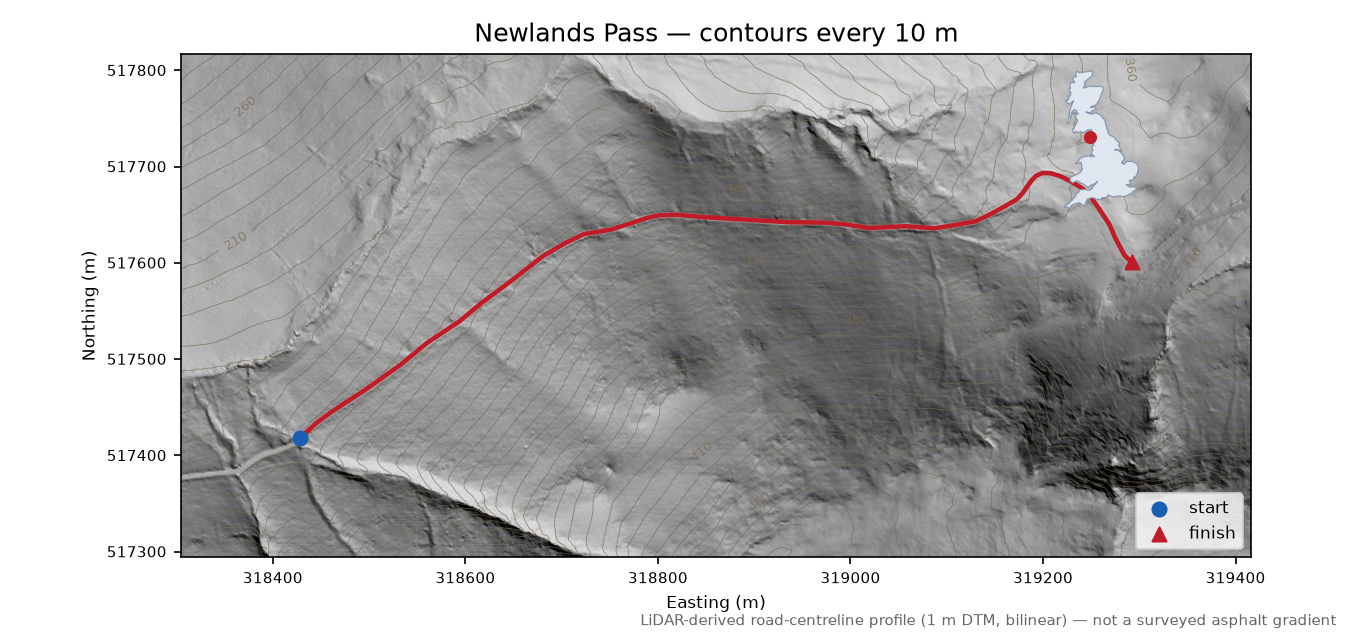 Newlands Pass LiDAR hillshade map with contours