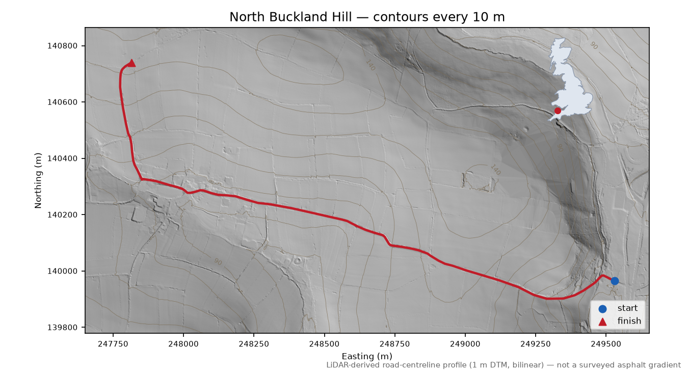 North Buckland Hill LiDAR hillshade map with contours