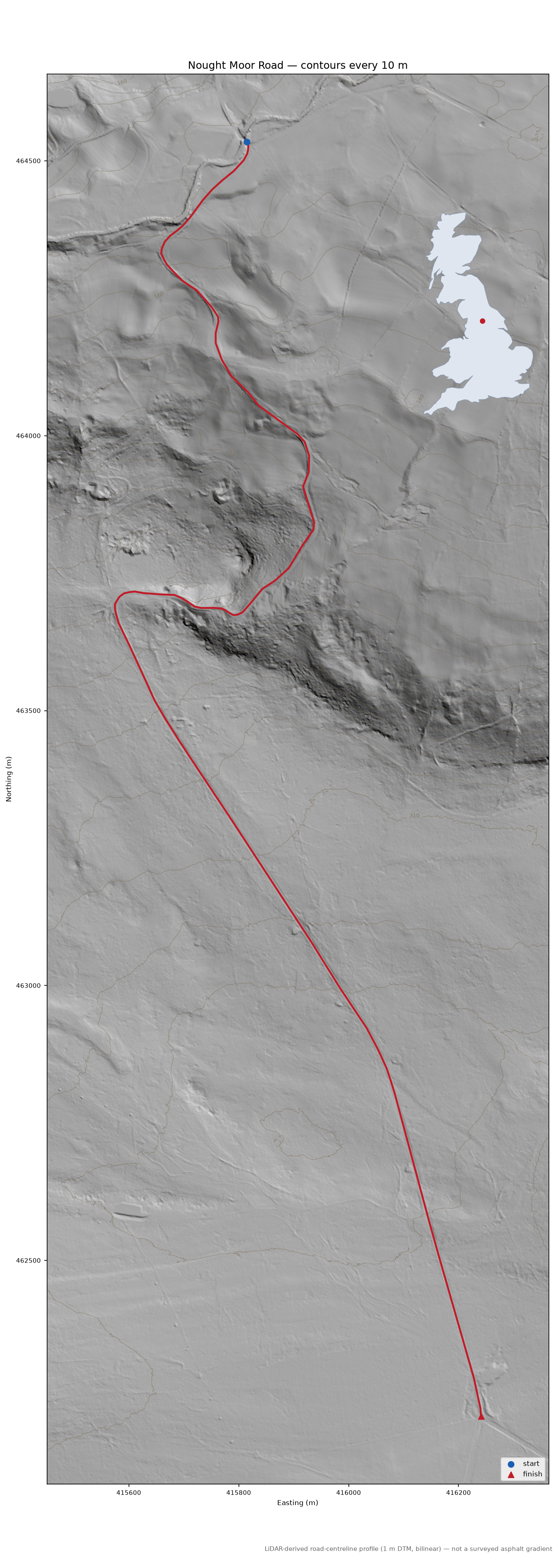 Nought Moor Road LiDAR hillshade map with contours