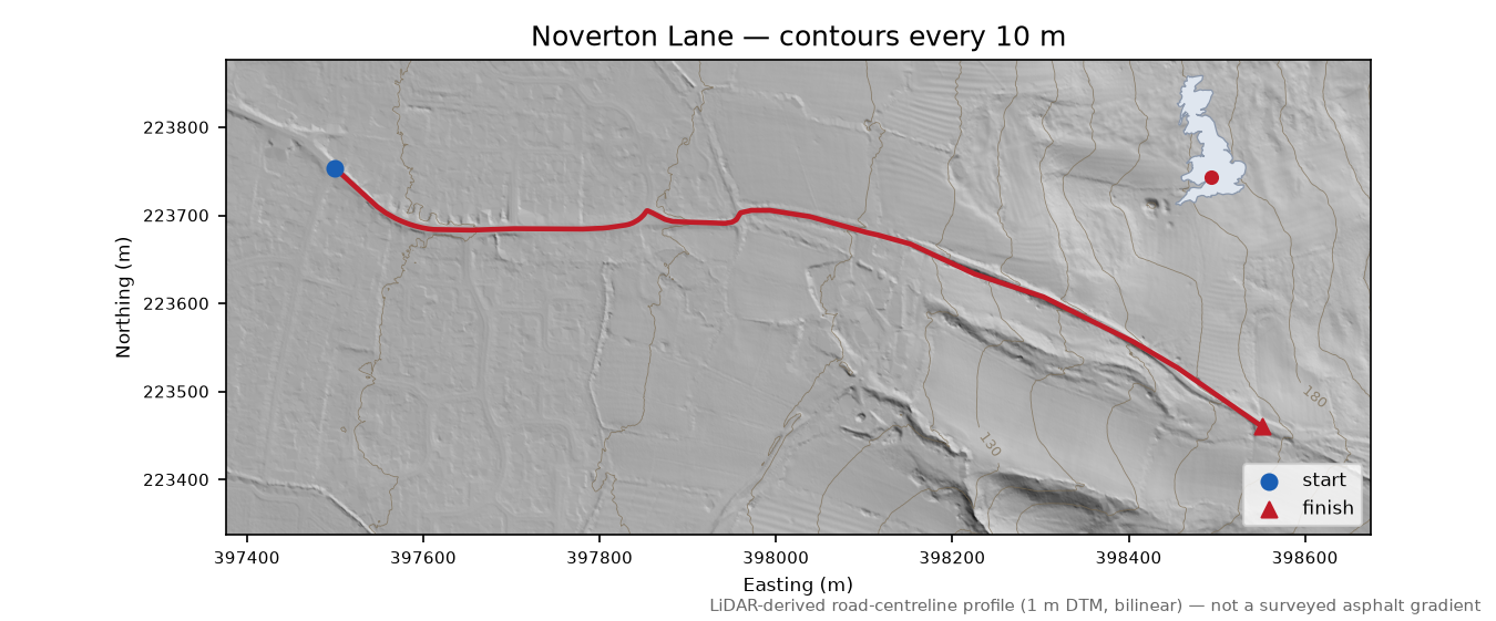 Noverton Lane LiDAR hillshade map with contours