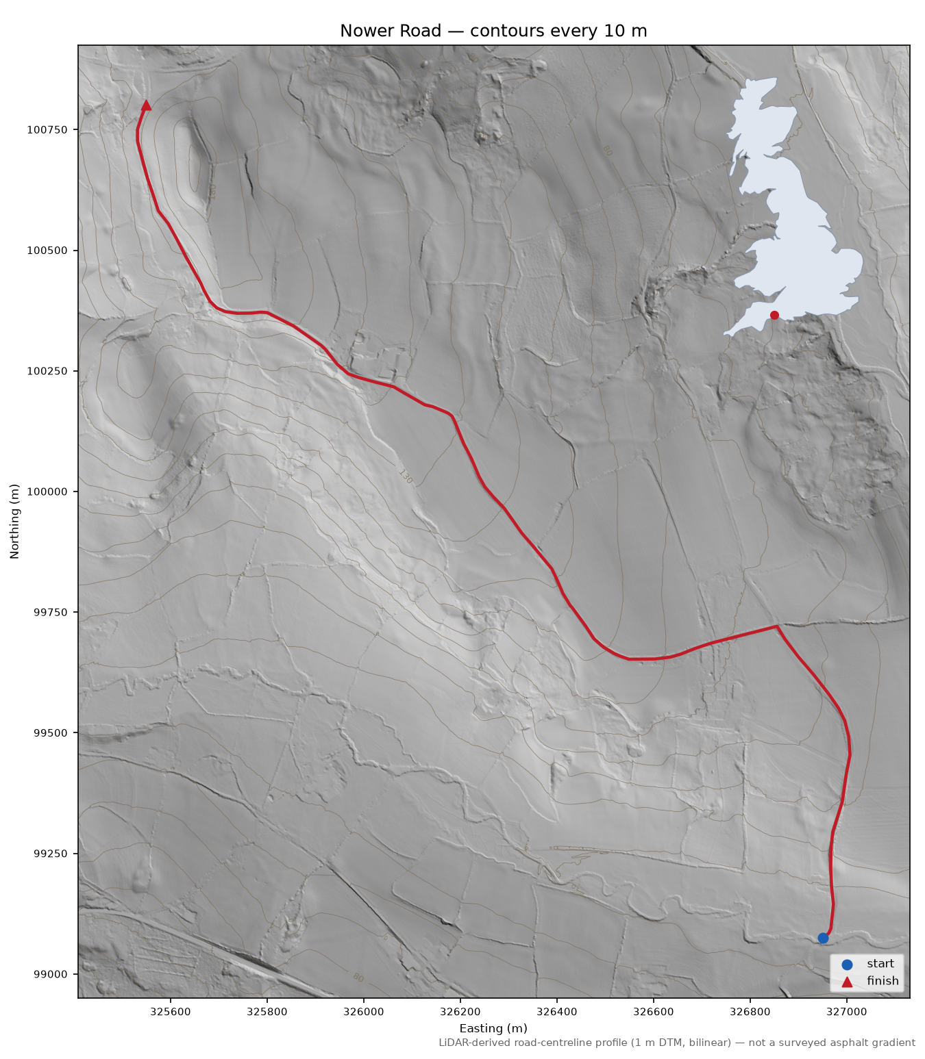 Nower Road LiDAR hillshade map with contours