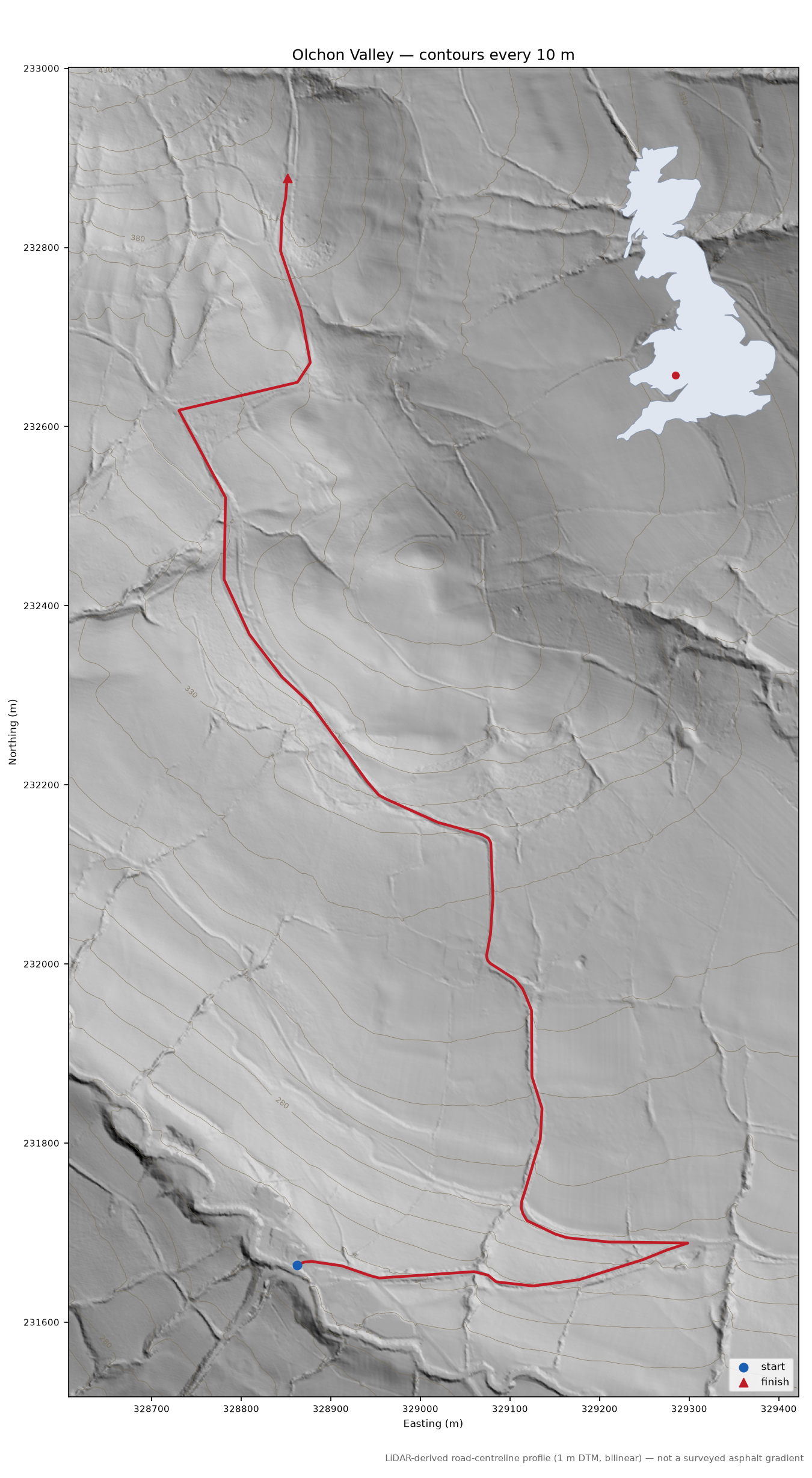 Olchon Valley LiDAR hillshade map with contours