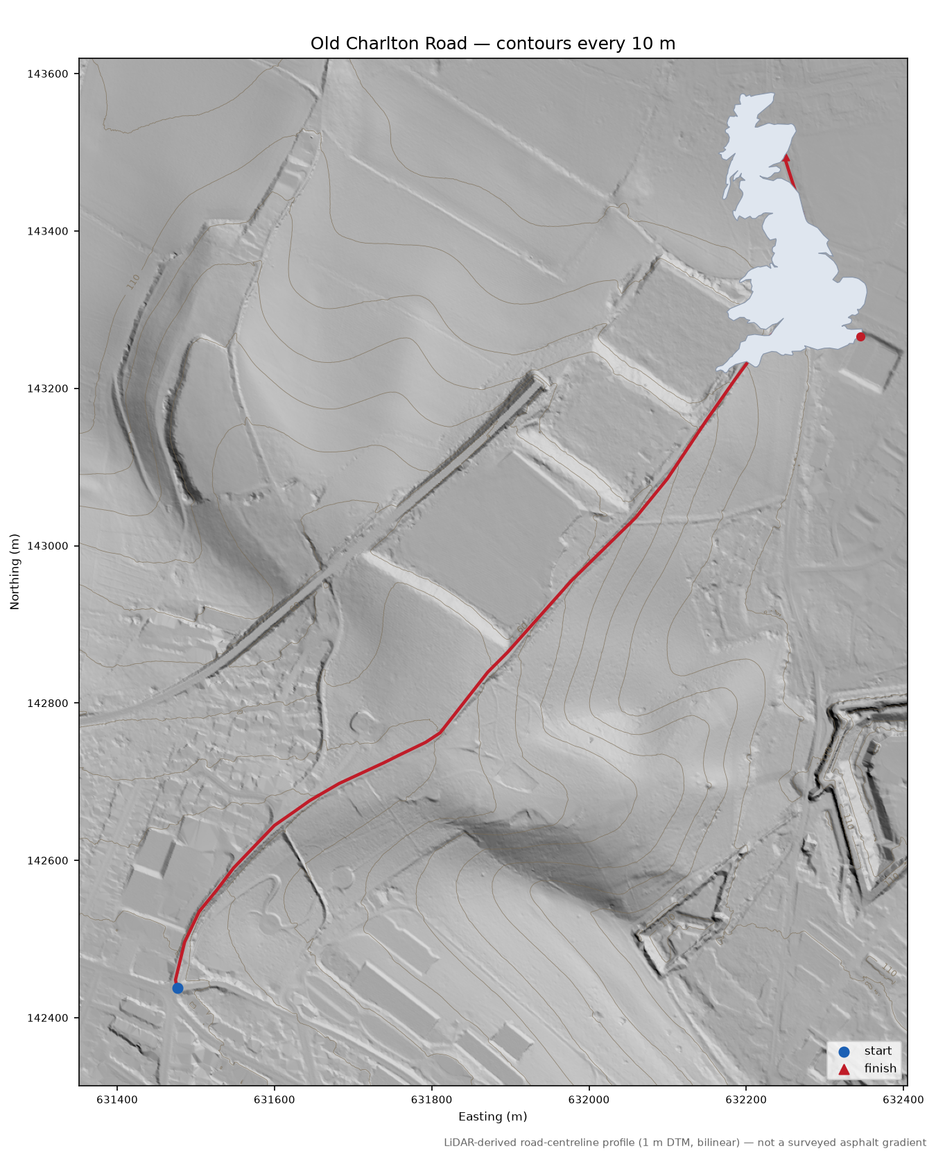 Old Charlton Road LiDAR hillshade map with contours