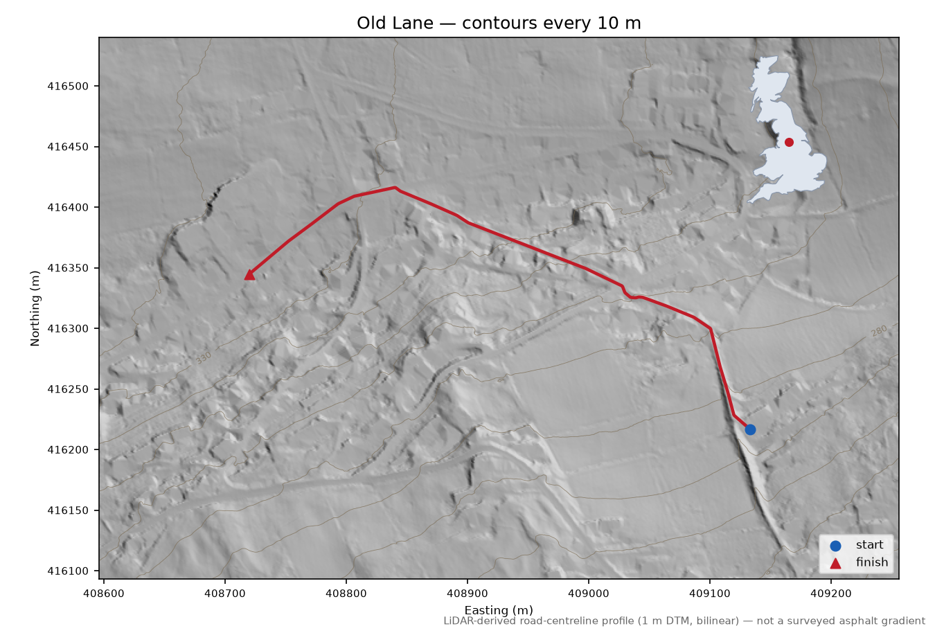 Old Lane LiDAR hillshade map with contours