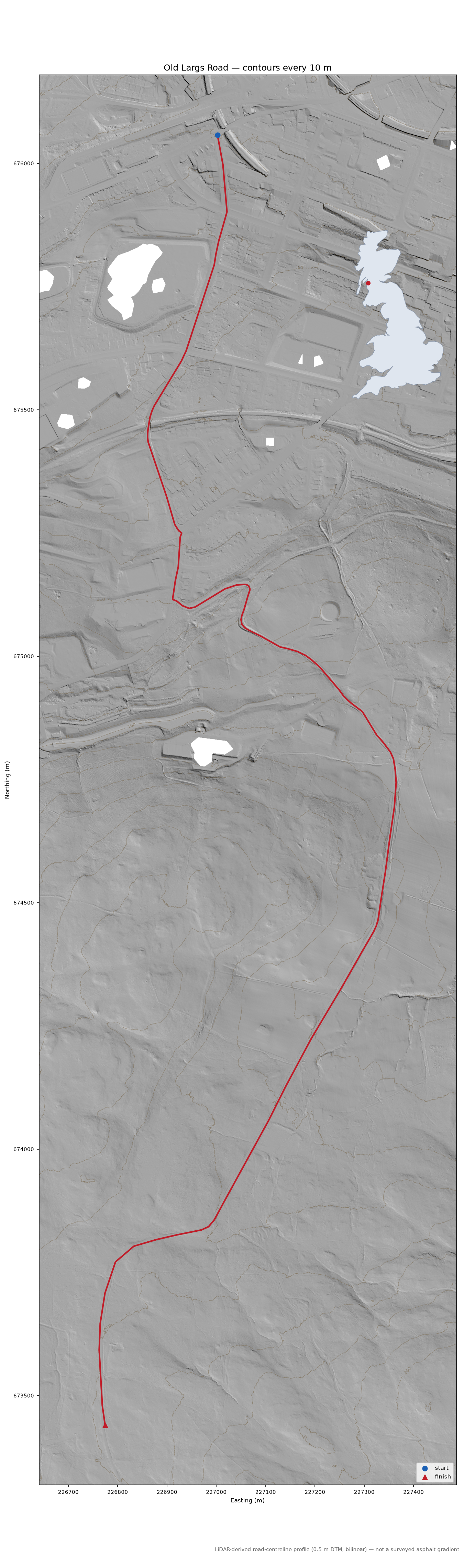 Old Largs Road LiDAR hillshade map with contours