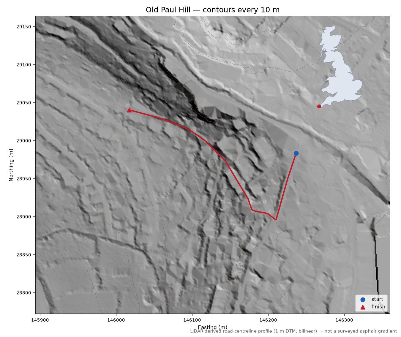 Old Paul Hill LiDAR hillshade map with contours