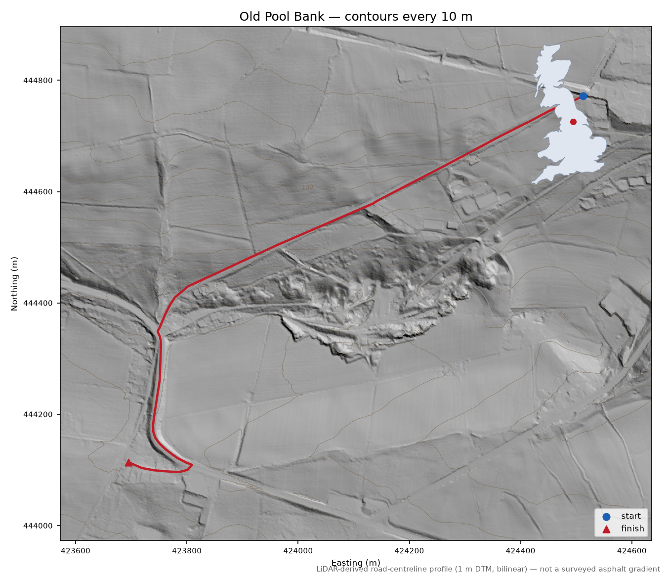 Old Pool Bank LiDAR hillshade map with contours