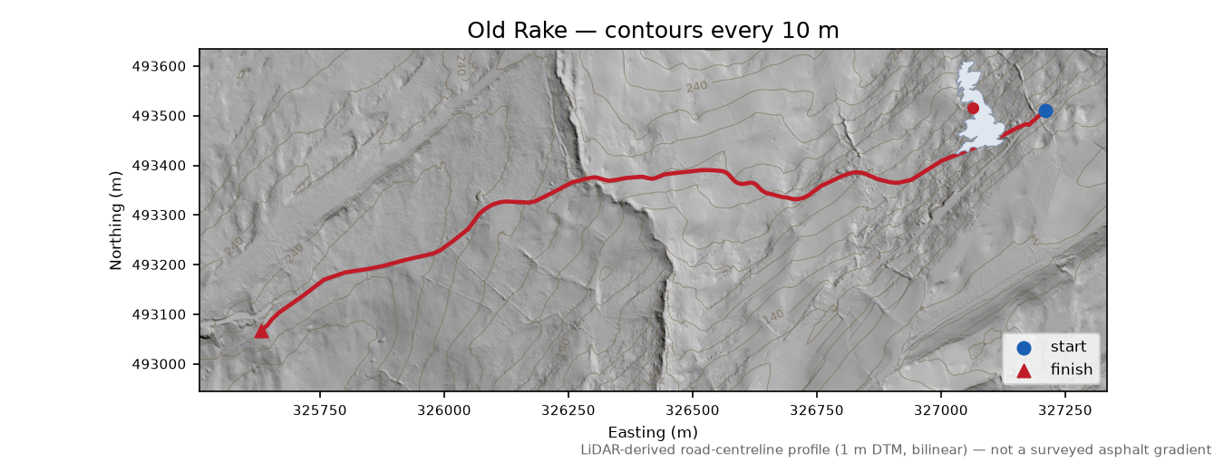 Old Rake LiDAR hillshade map with contours