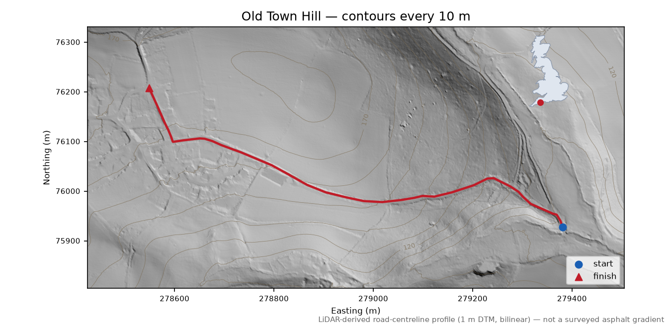 Old Town Hill LiDAR hillshade map with contours