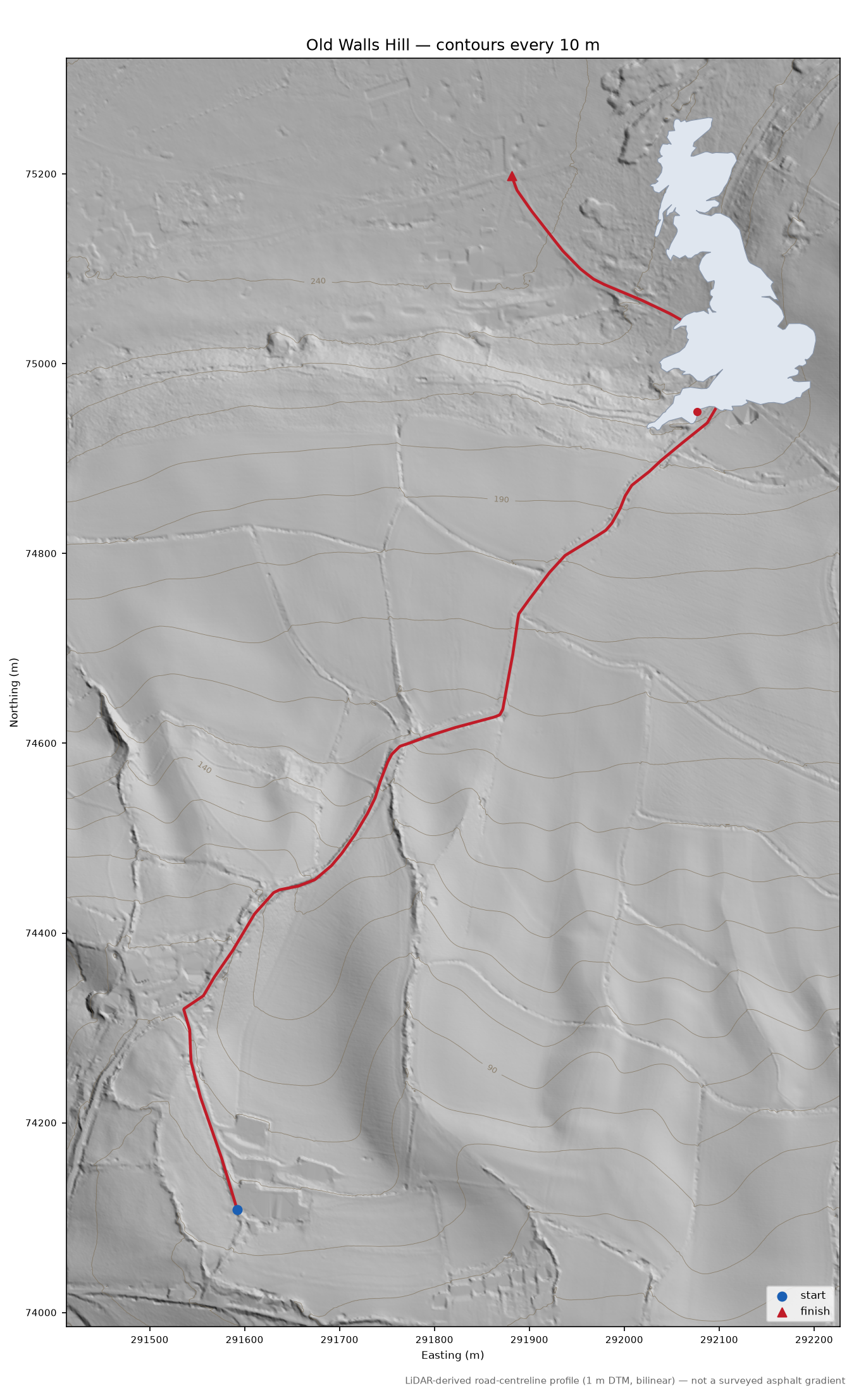Old Walls Hill LiDAR hillshade map with contours