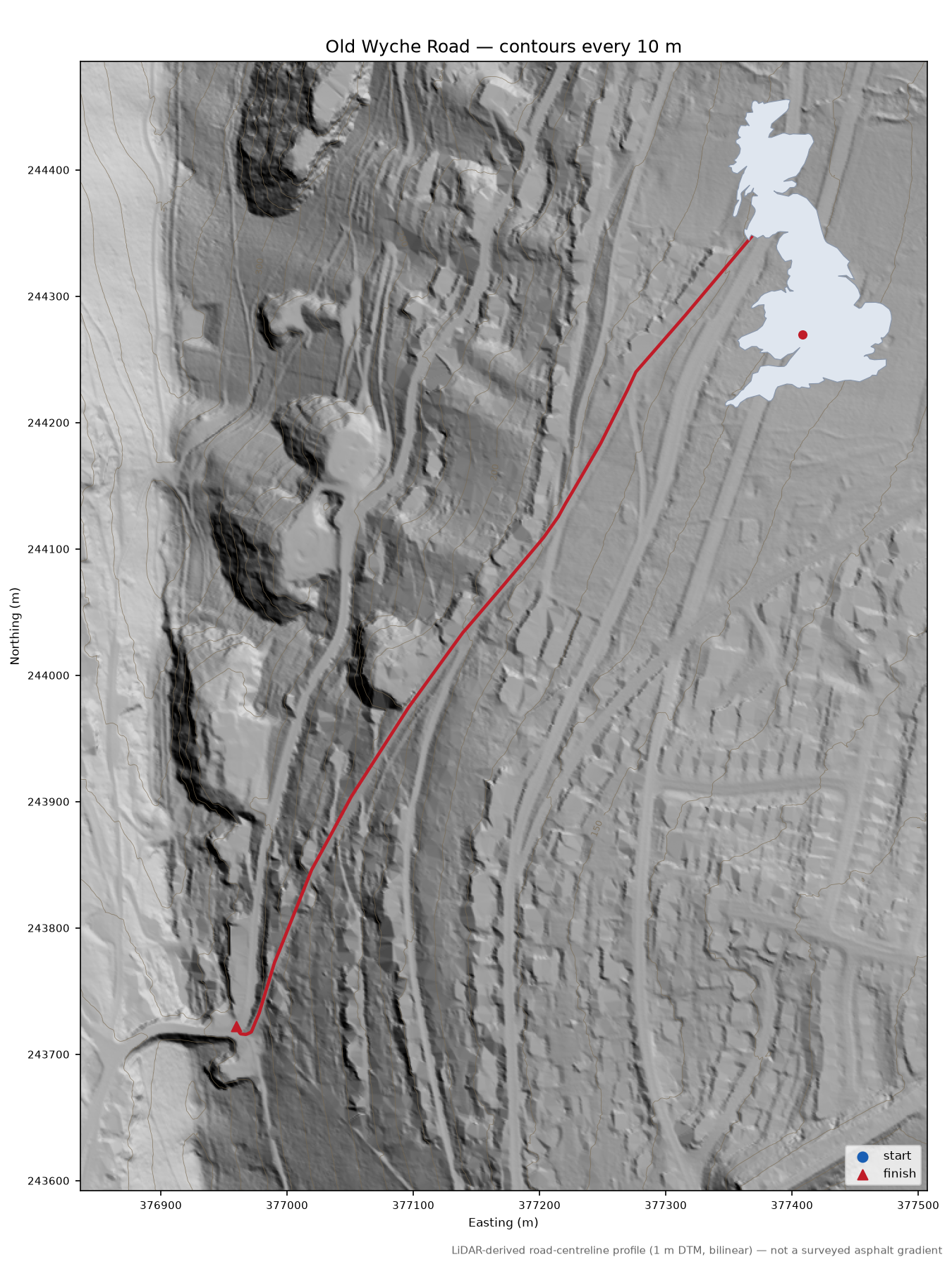 Old Wyche Road LiDAR hillshade map with contours