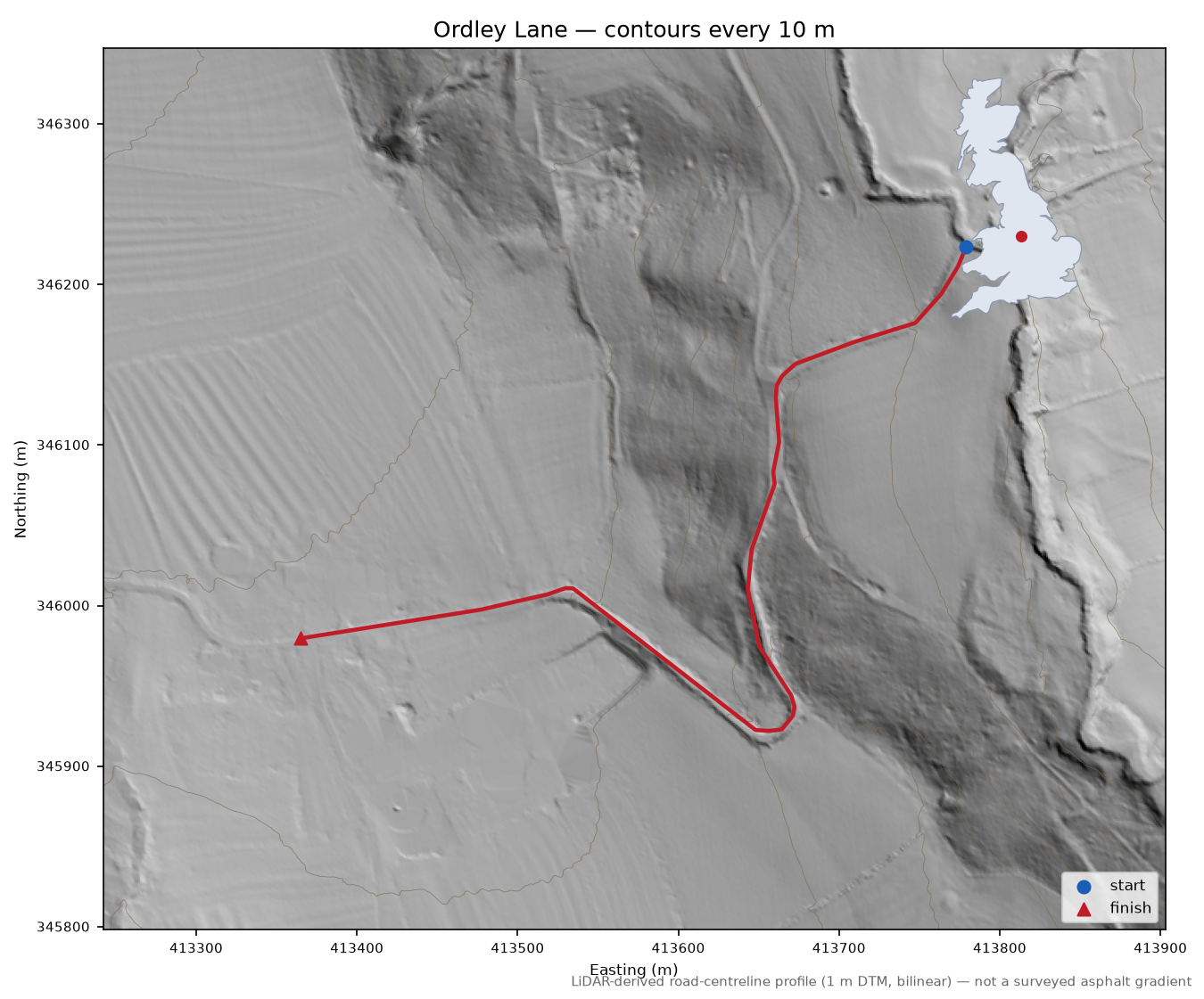 Ordley Lane LiDAR hillshade map with contours