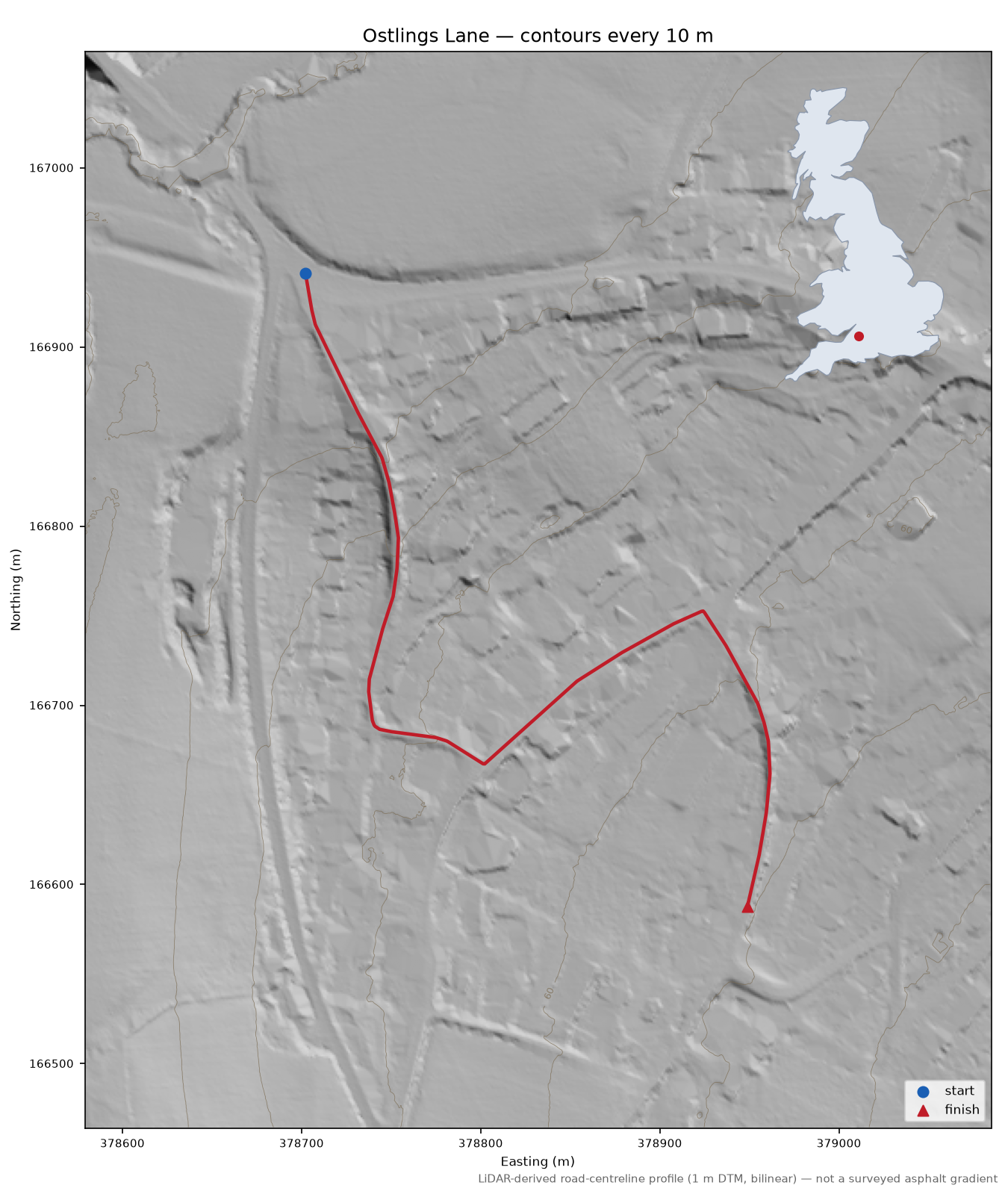 Ostlings Lane LiDAR hillshade map with contours