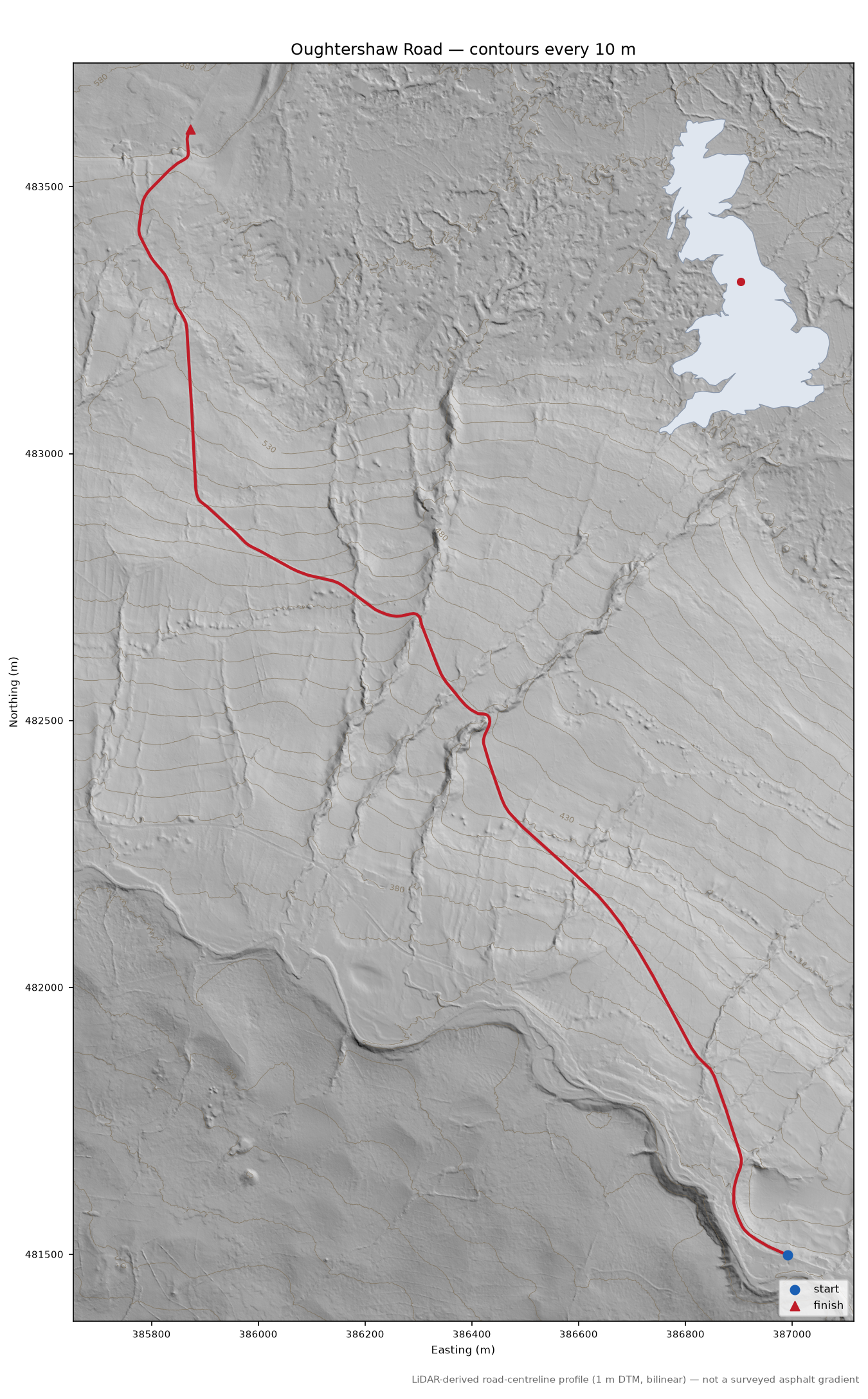 Oughtershaw Road LiDAR hillshade map with contours