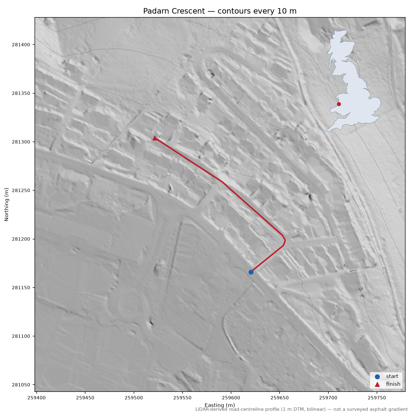 Padarn Crescent LiDAR hillshade map with contours