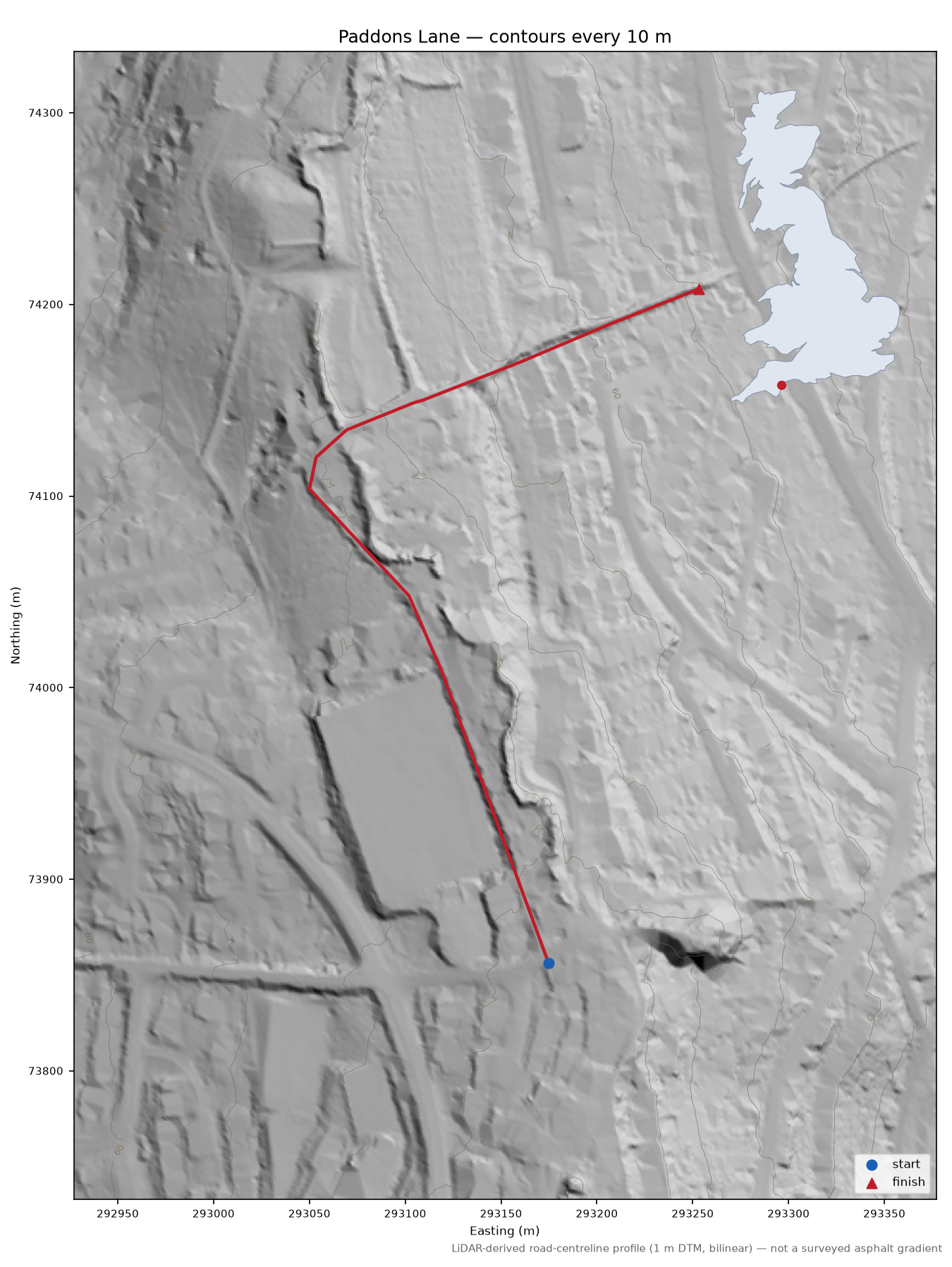 Paddons Lane LiDAR hillshade map with contours