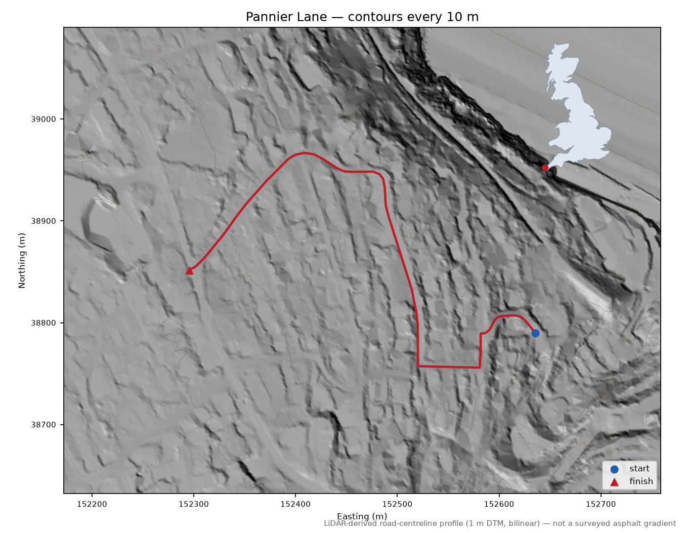 Pannier Lane LiDAR hillshade map with contours