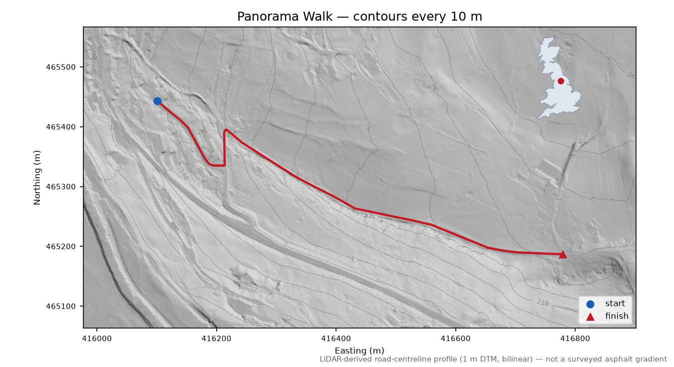 Panorama Walk LiDAR hillshade map with contours