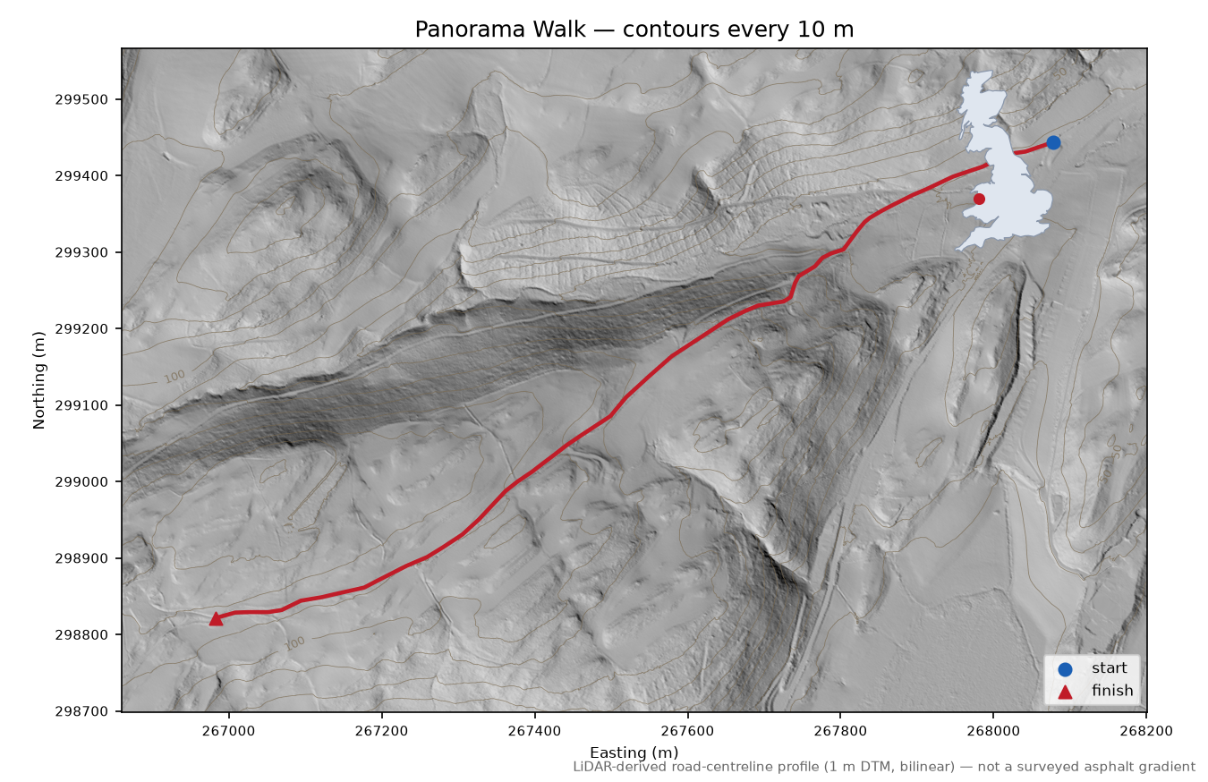 Panorama Walk LiDAR hillshade map with contours
