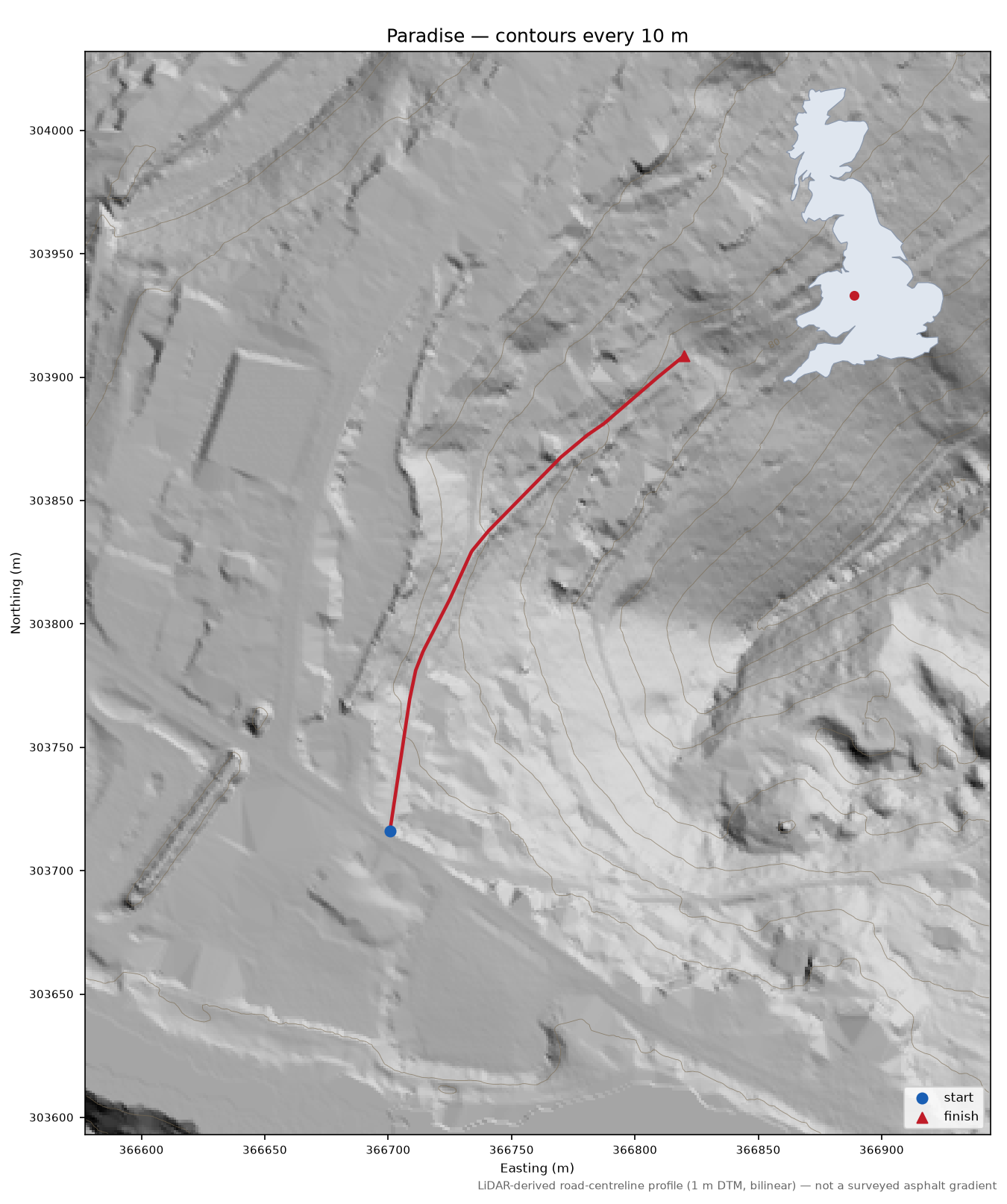 Paradise LiDAR hillshade map with contours
