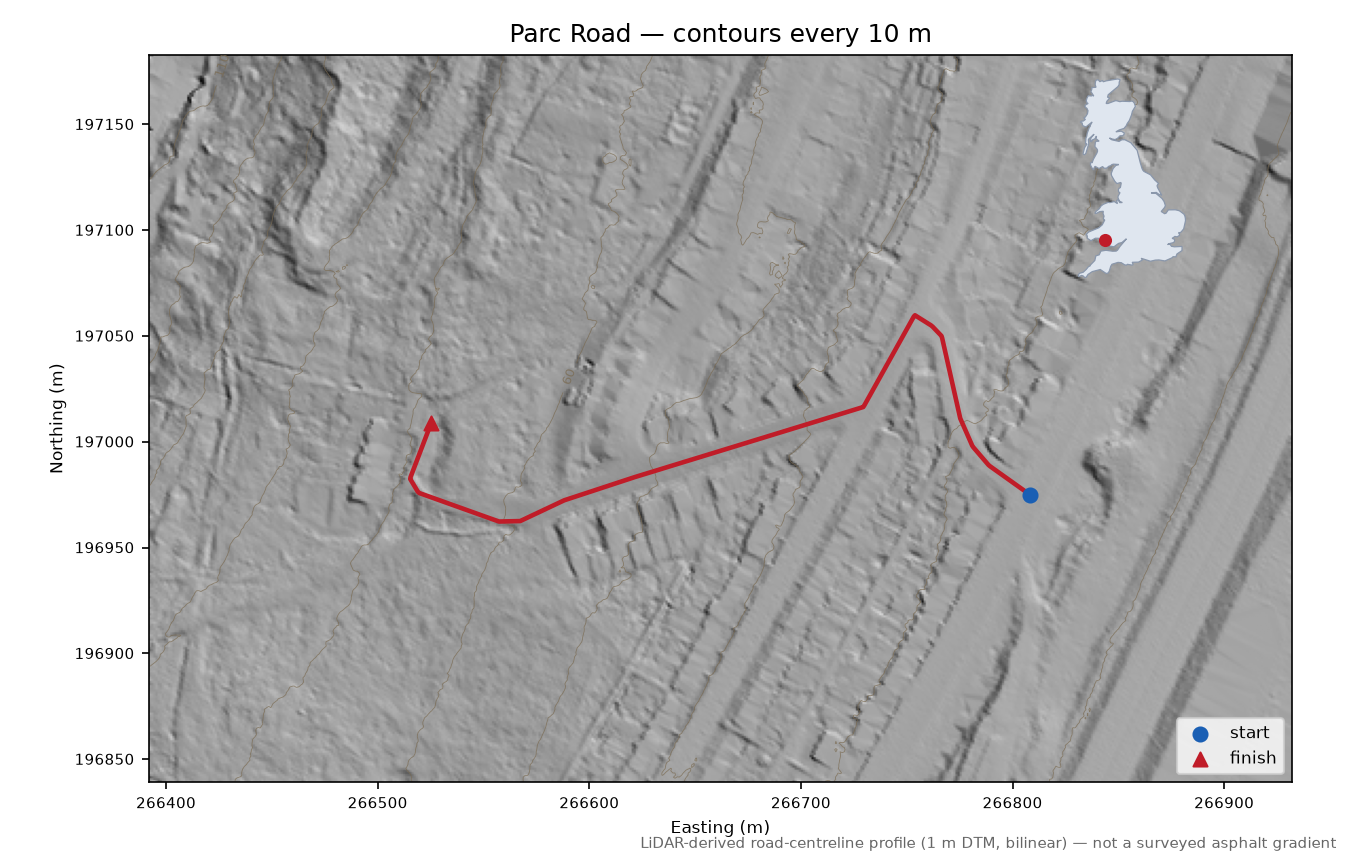Parc Road LiDAR hillshade map with contours