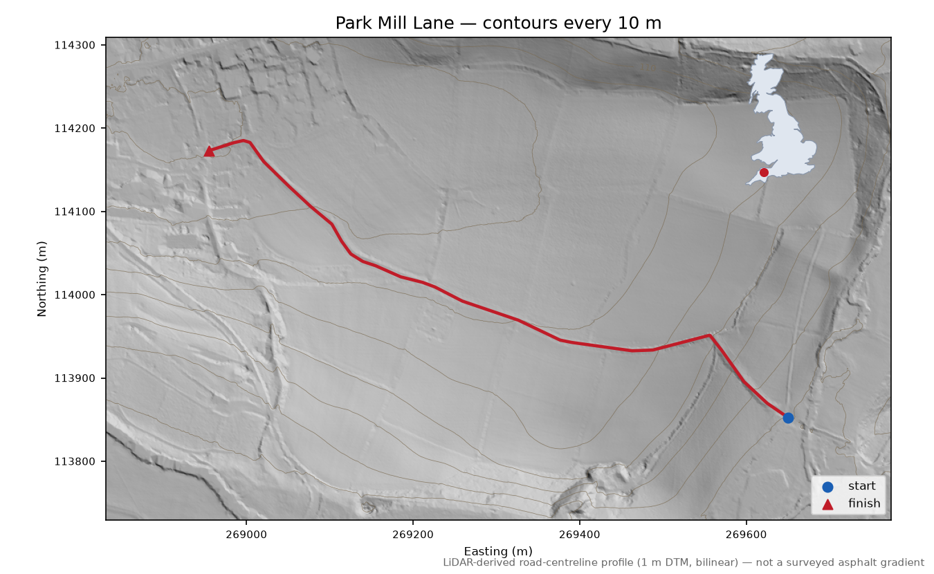 Park Mill Lane LiDAR hillshade map with contours