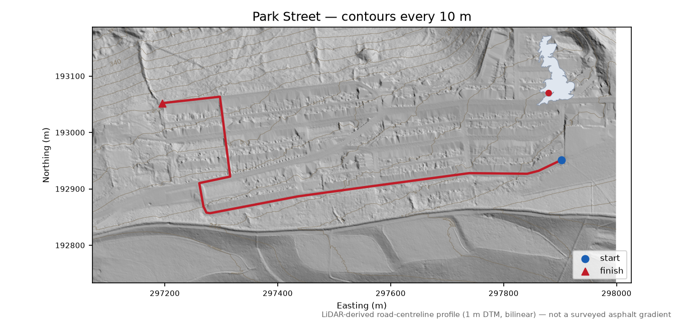 Park Street LiDAR hillshade map with contours