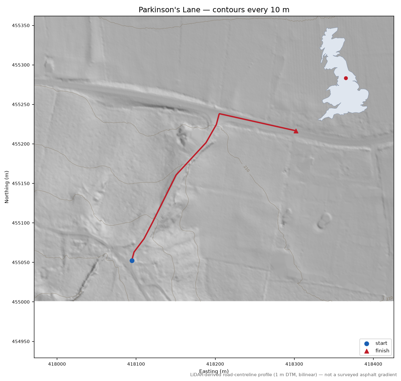 Parkinson's Lane LiDAR hillshade map with contours