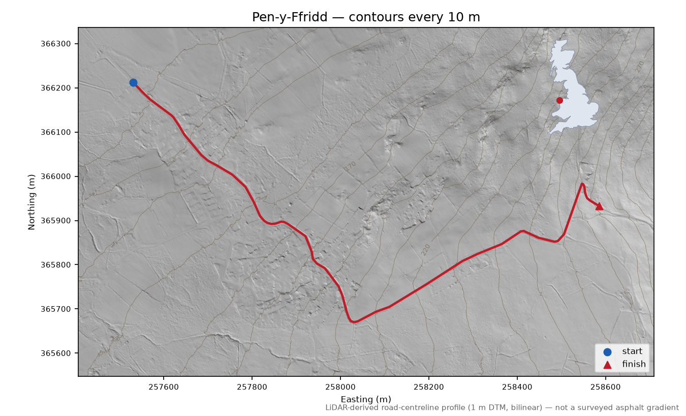 Pen-y-Ffridd LiDAR hillshade map with contours