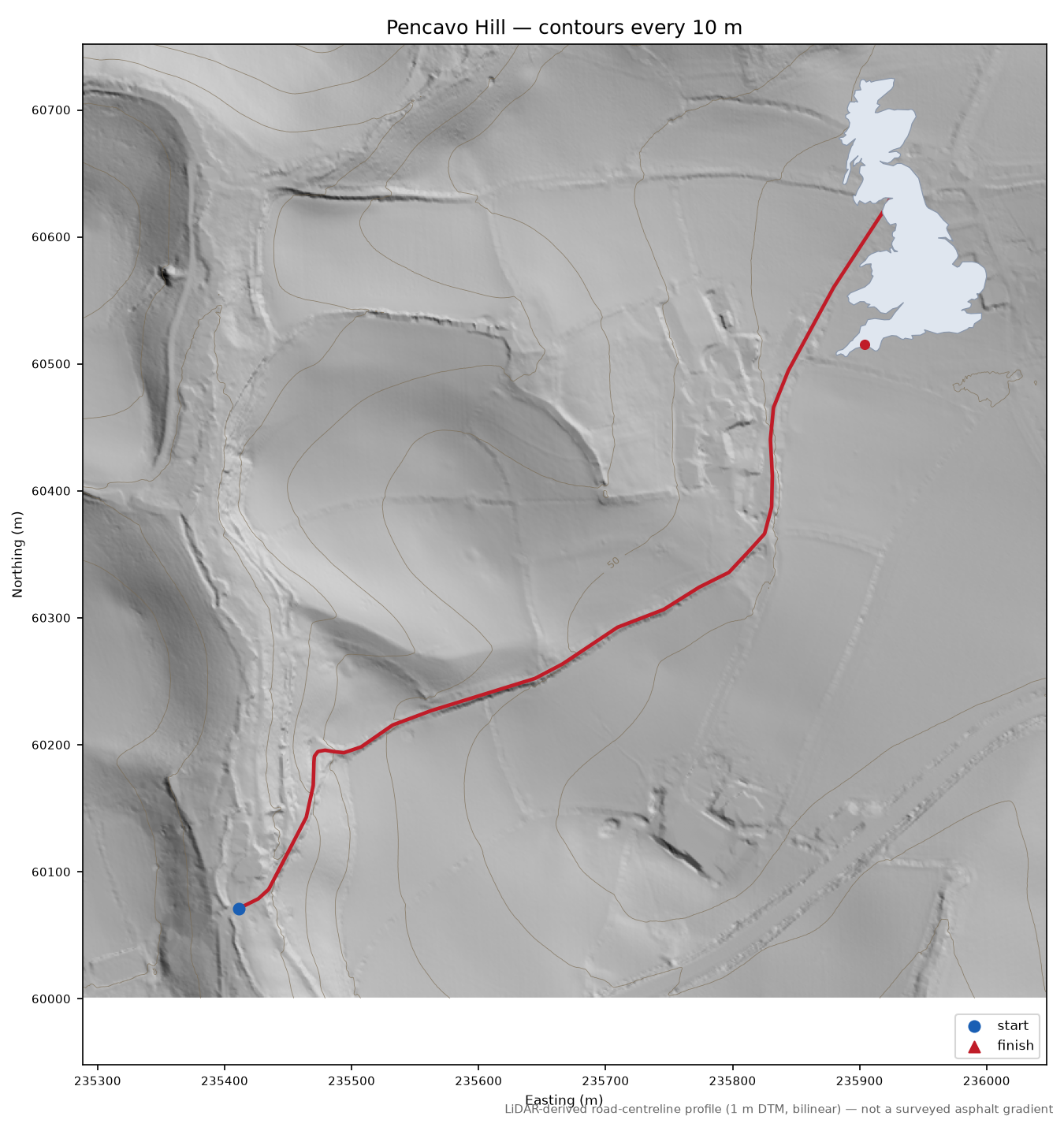 Pencavo Hill LiDAR hillshade map with contours