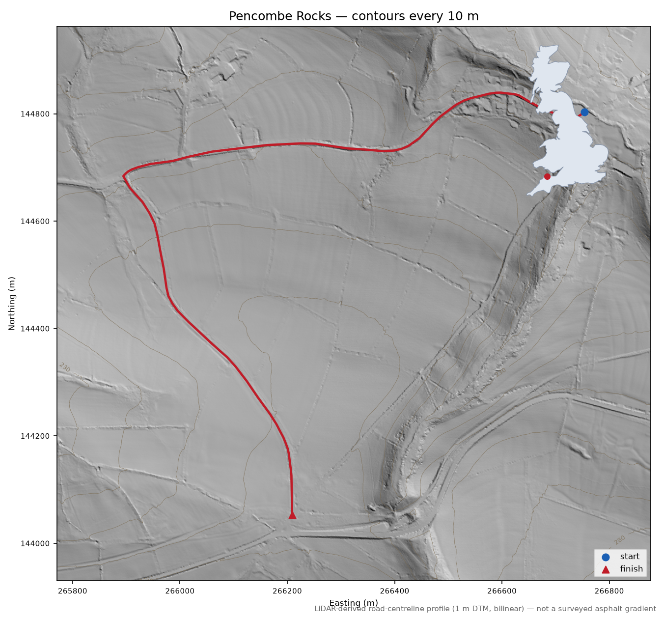 Pencombe Rocks LiDAR hillshade map with contours