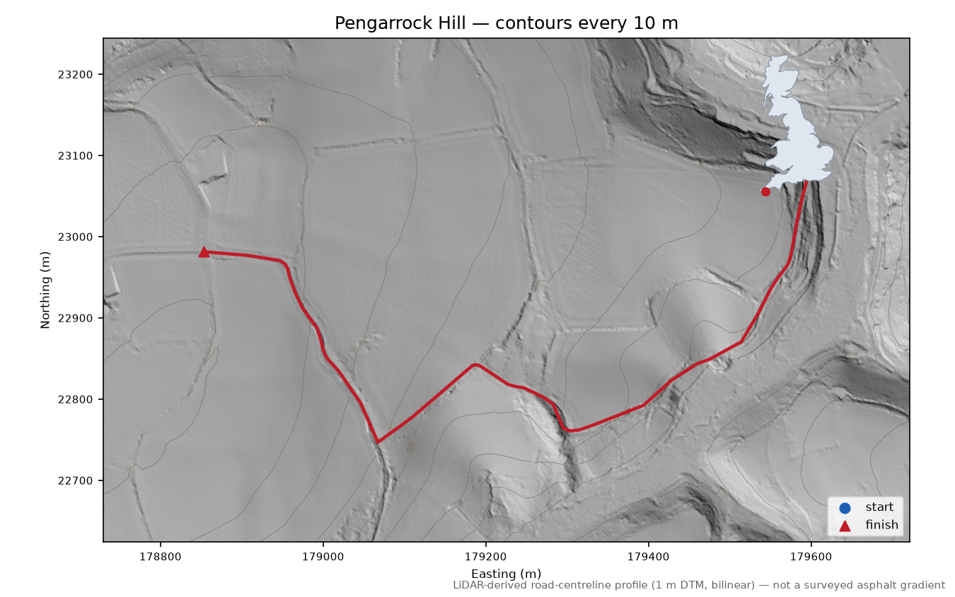 Pengarrock Hill LiDAR hillshade map with contours