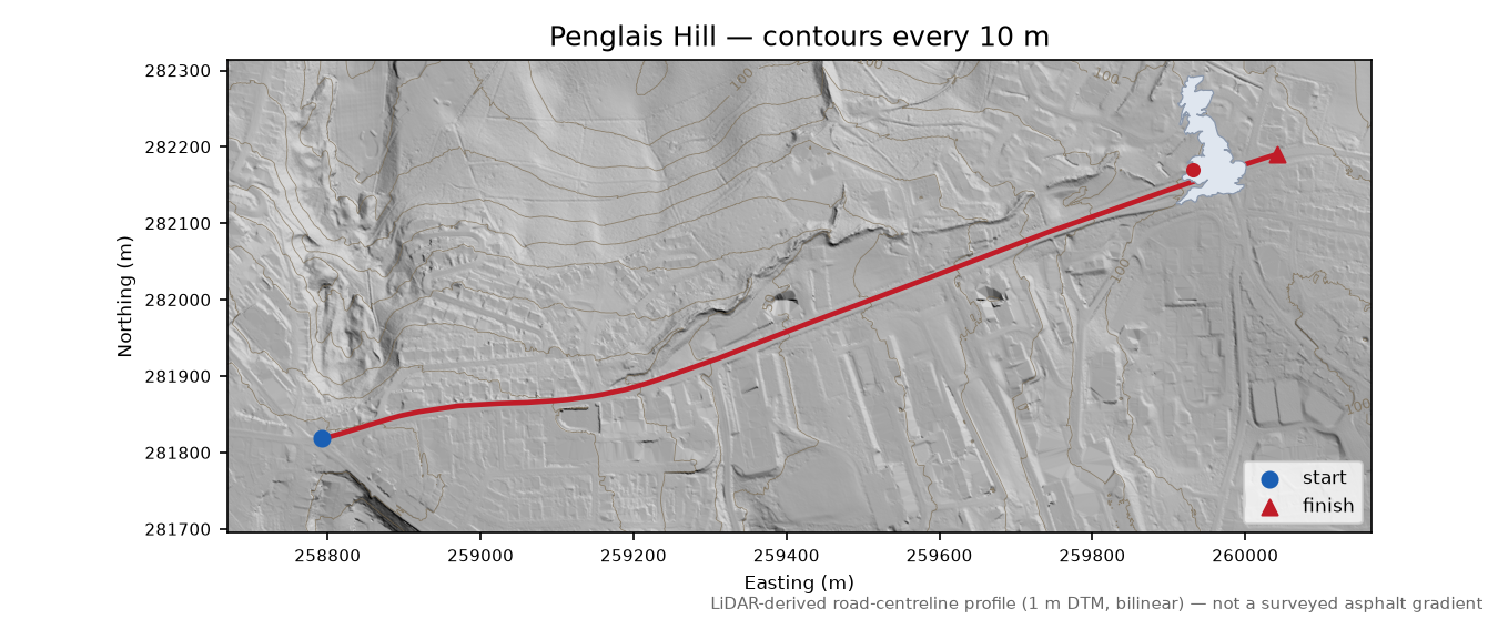 Penglais Hill LiDAR hillshade map with contours