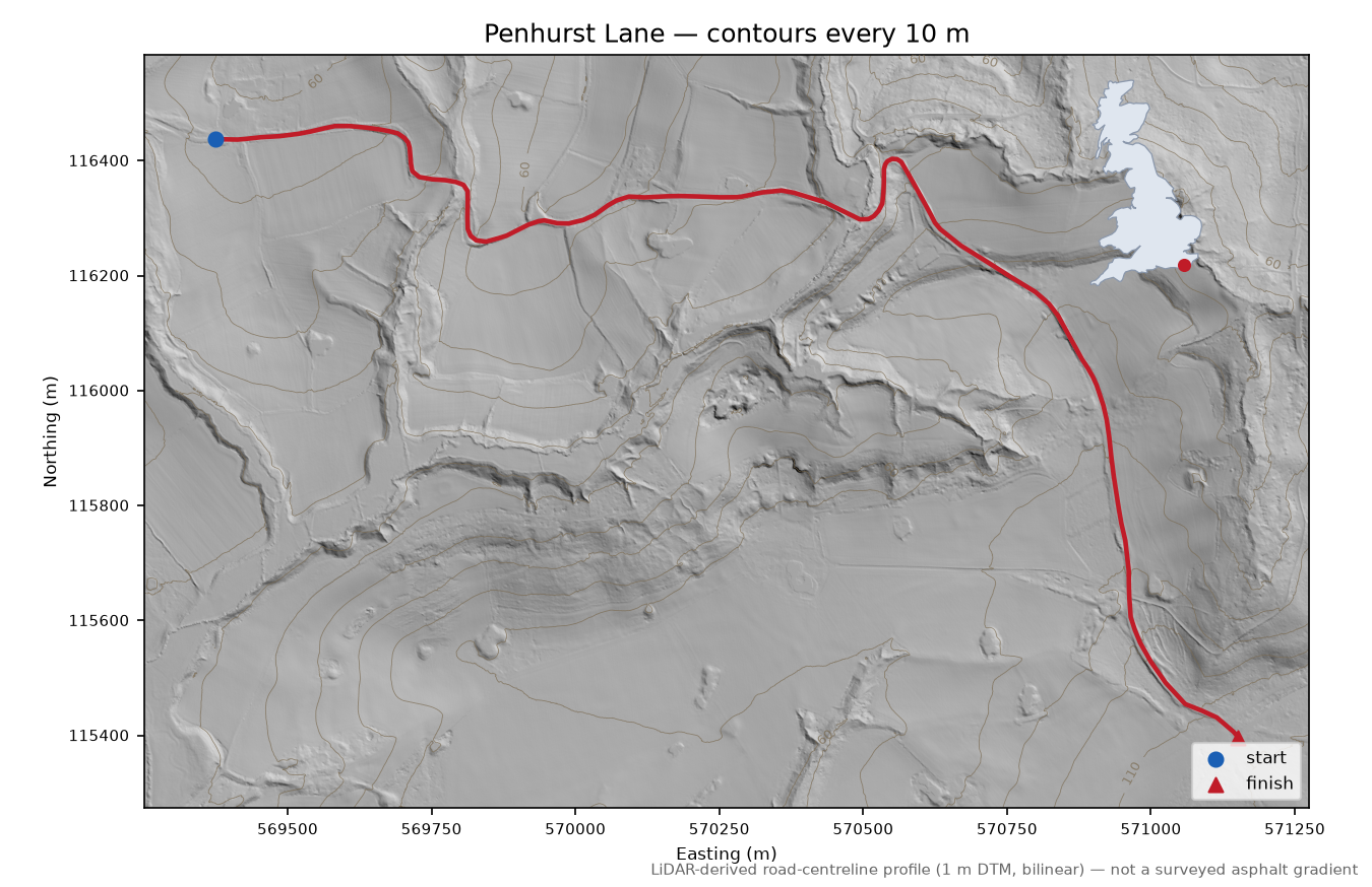 Penhurst Lane LiDAR hillshade map with contours
