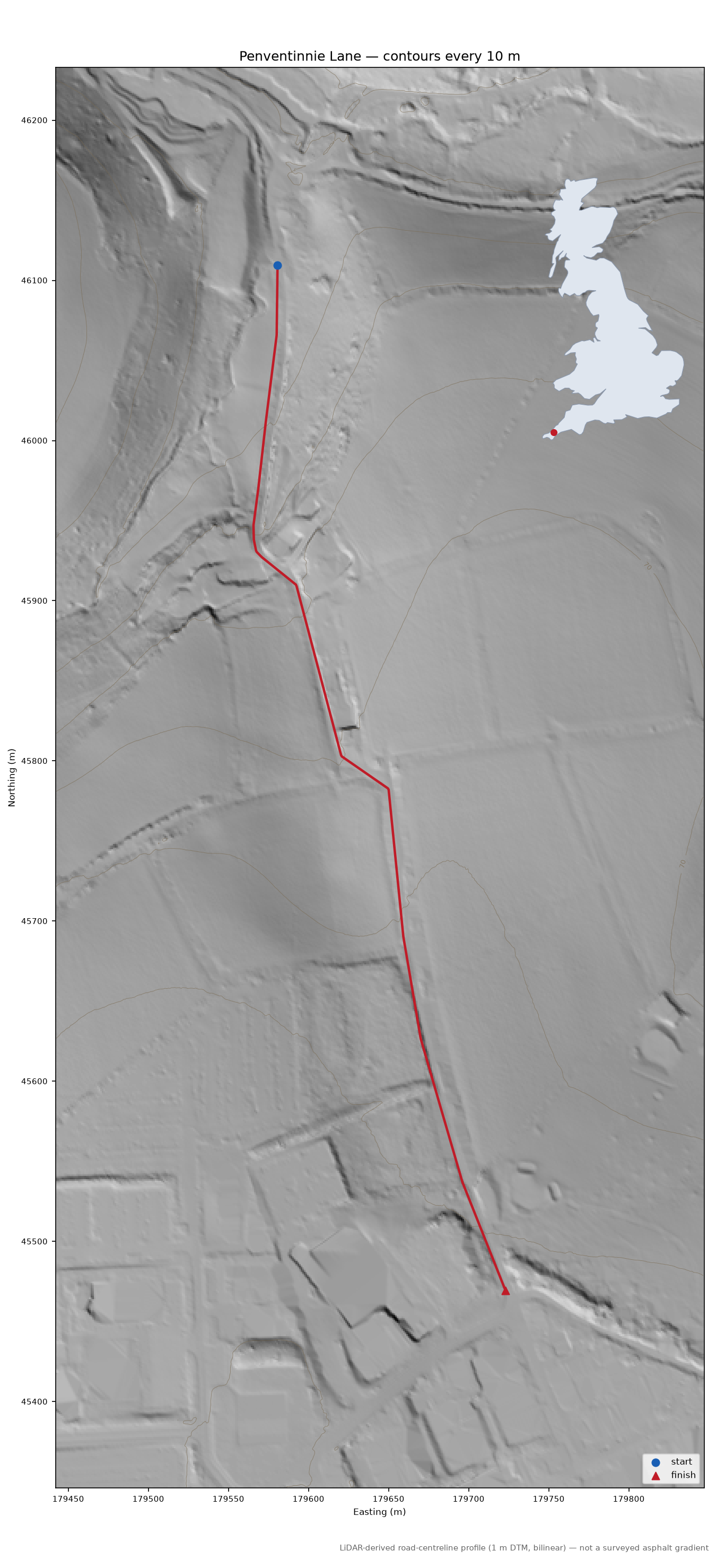 Penventinnie Lane LiDAR hillshade map with contours
