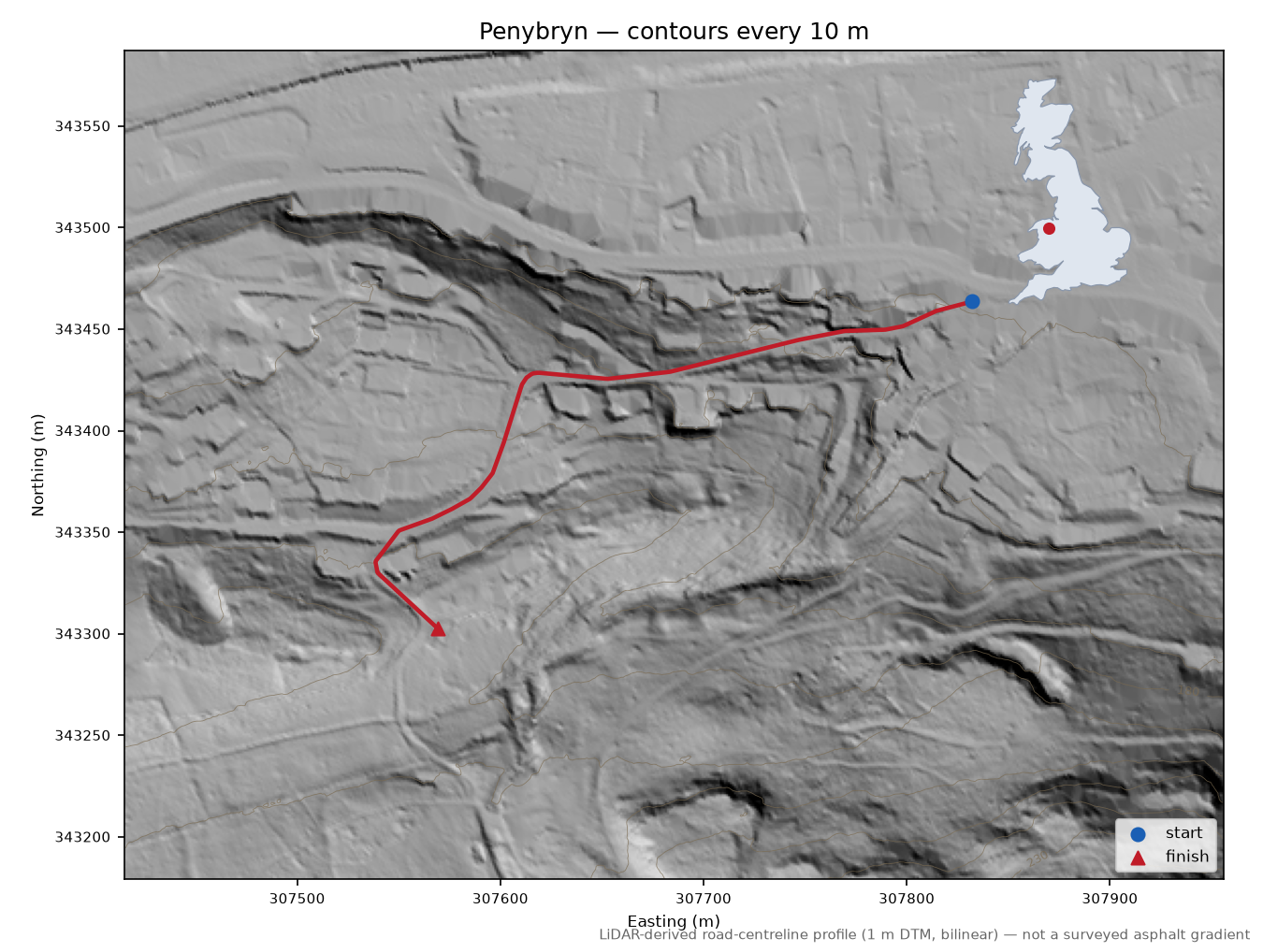 Penybryn LiDAR hillshade map with contours