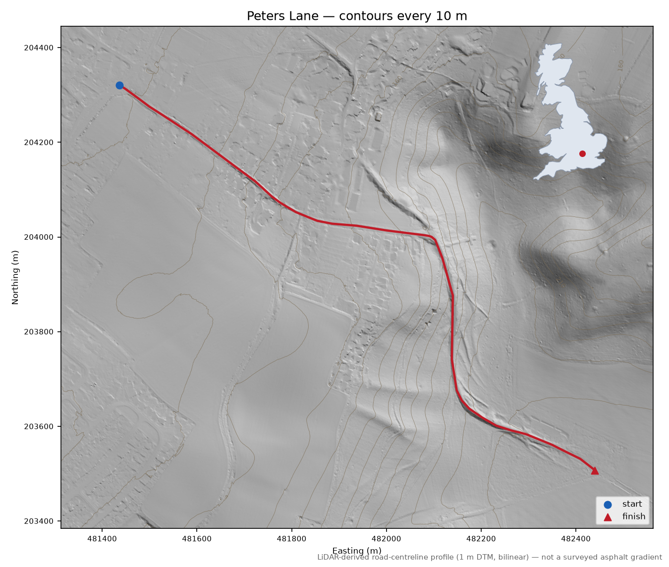 Peters Lane LiDAR hillshade map with contours