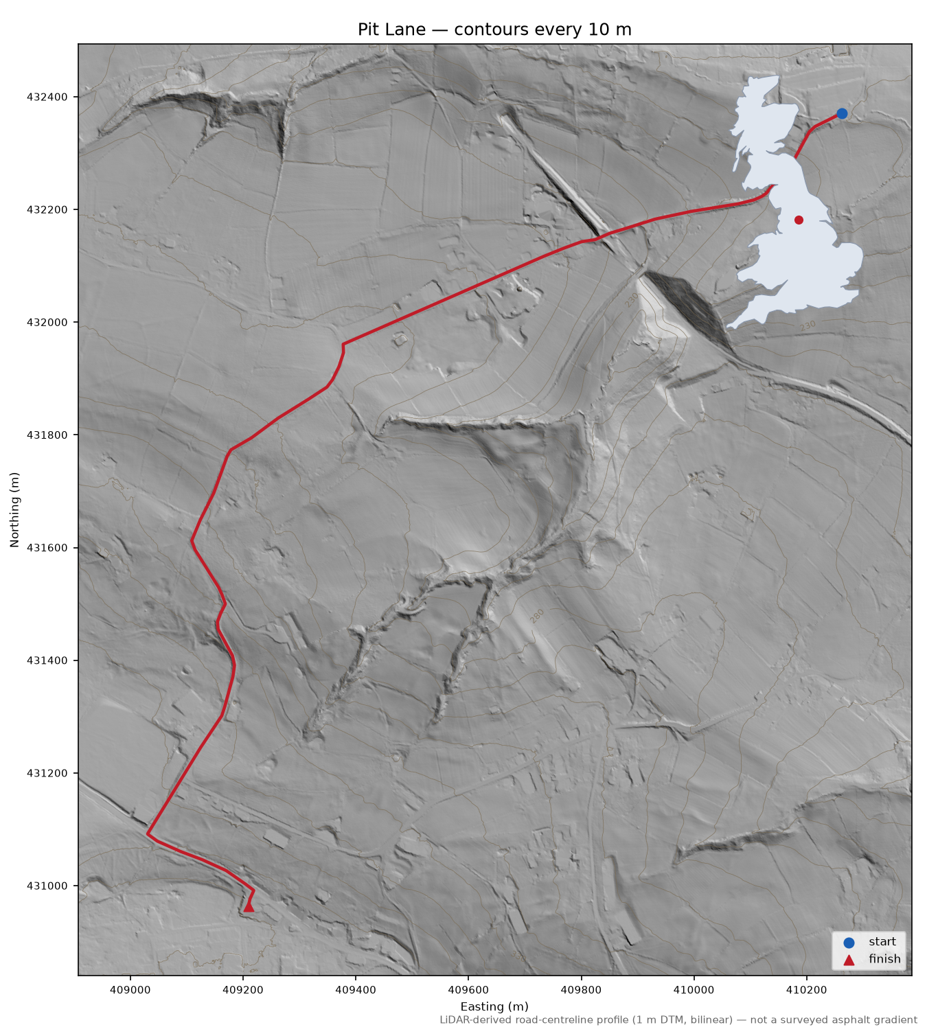 Pit Lane LiDAR hillshade map with contours