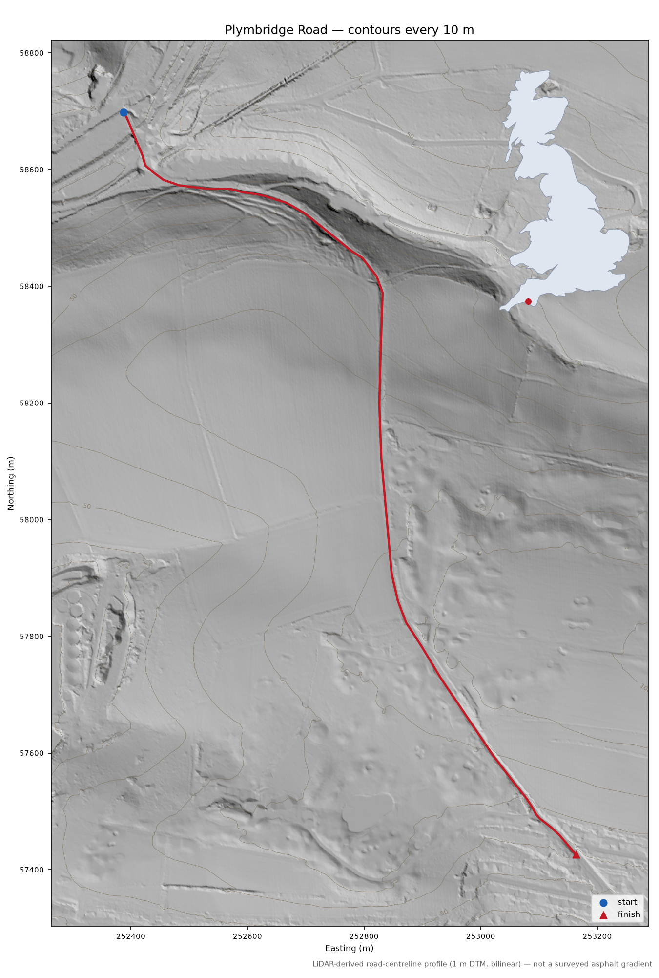 Plymbridge Road LiDAR hillshade map with contours